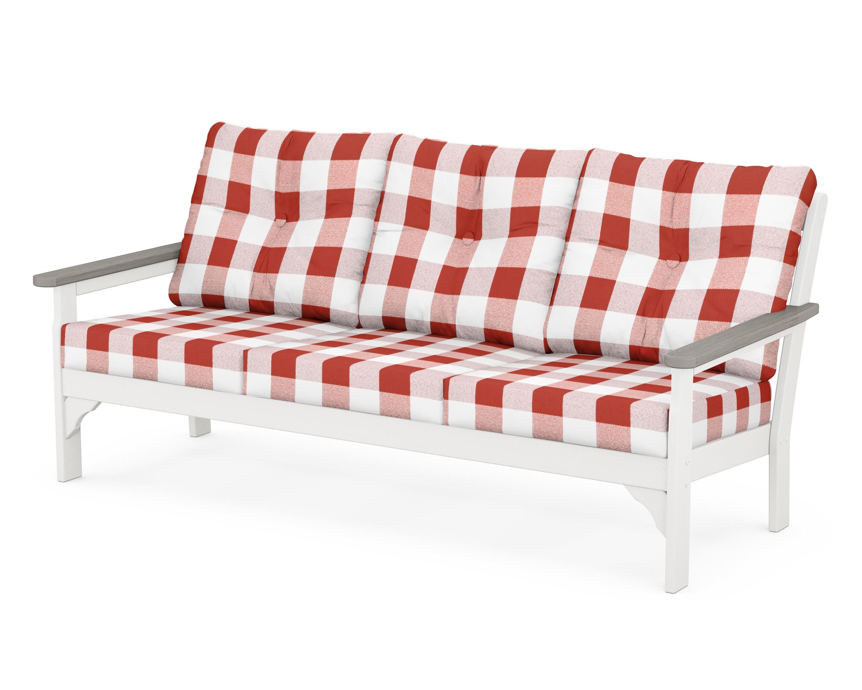 Vineyard Deep Seating Sofa in White / Driftwood / Buffalo Plaid Crimson