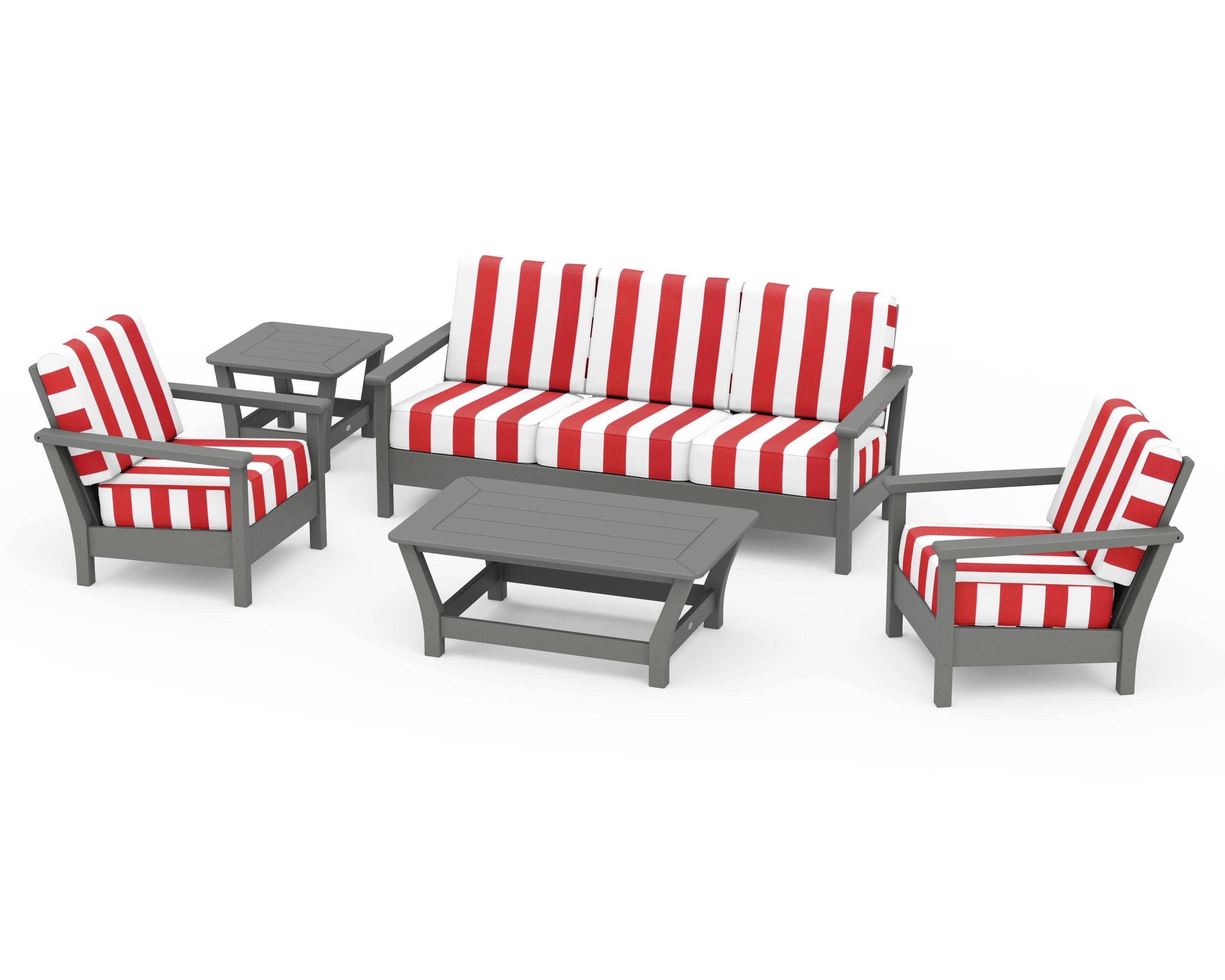 Harbour 5-Piece Deep Seating Set in Slate Grey / Cabana Stripe Crimson