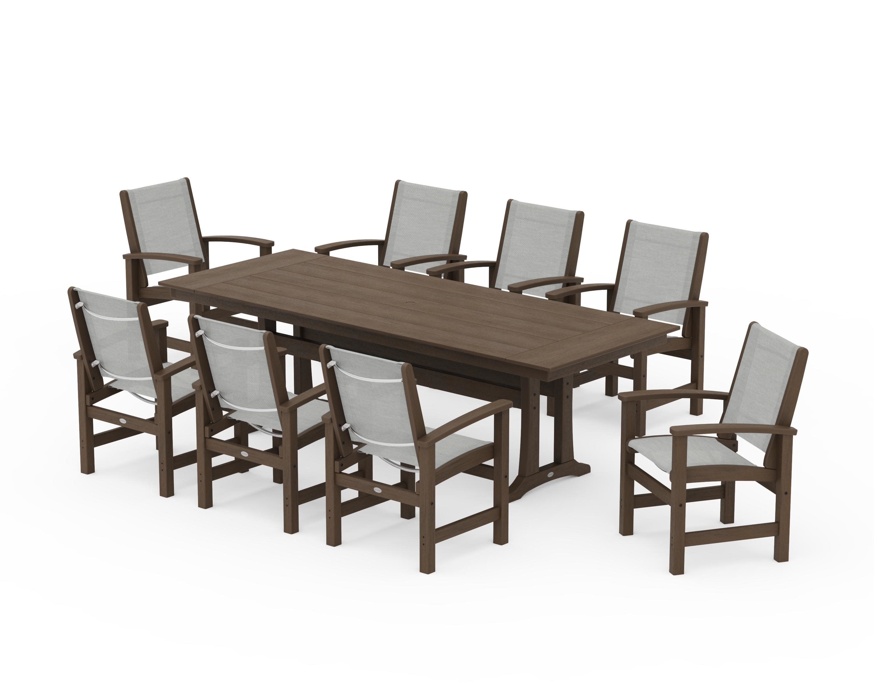 Coastal 9-Piece Farmhouse Dining Set with Trestle Legs in Kona / Metallic Sling