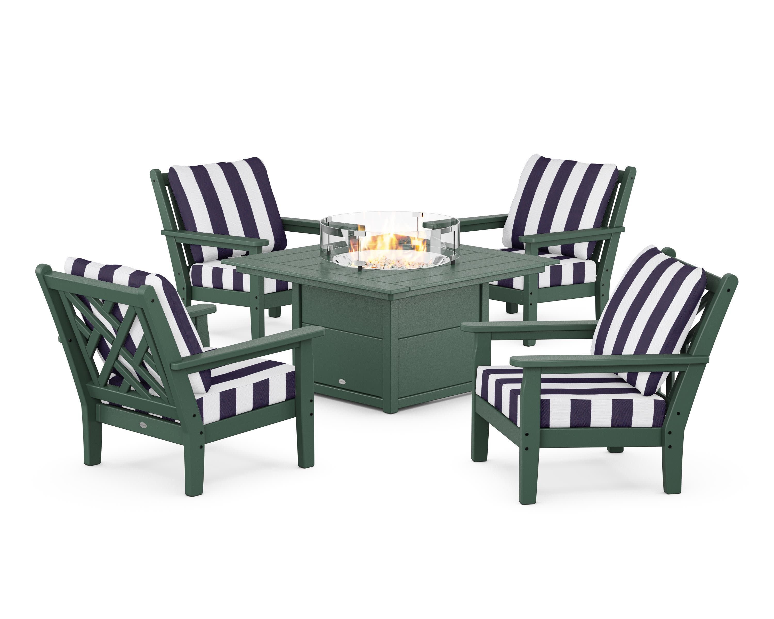 Chippendale 5-Piece Deep Seating Set with Fire Pit Table in Green / Cabana Stripe Navy