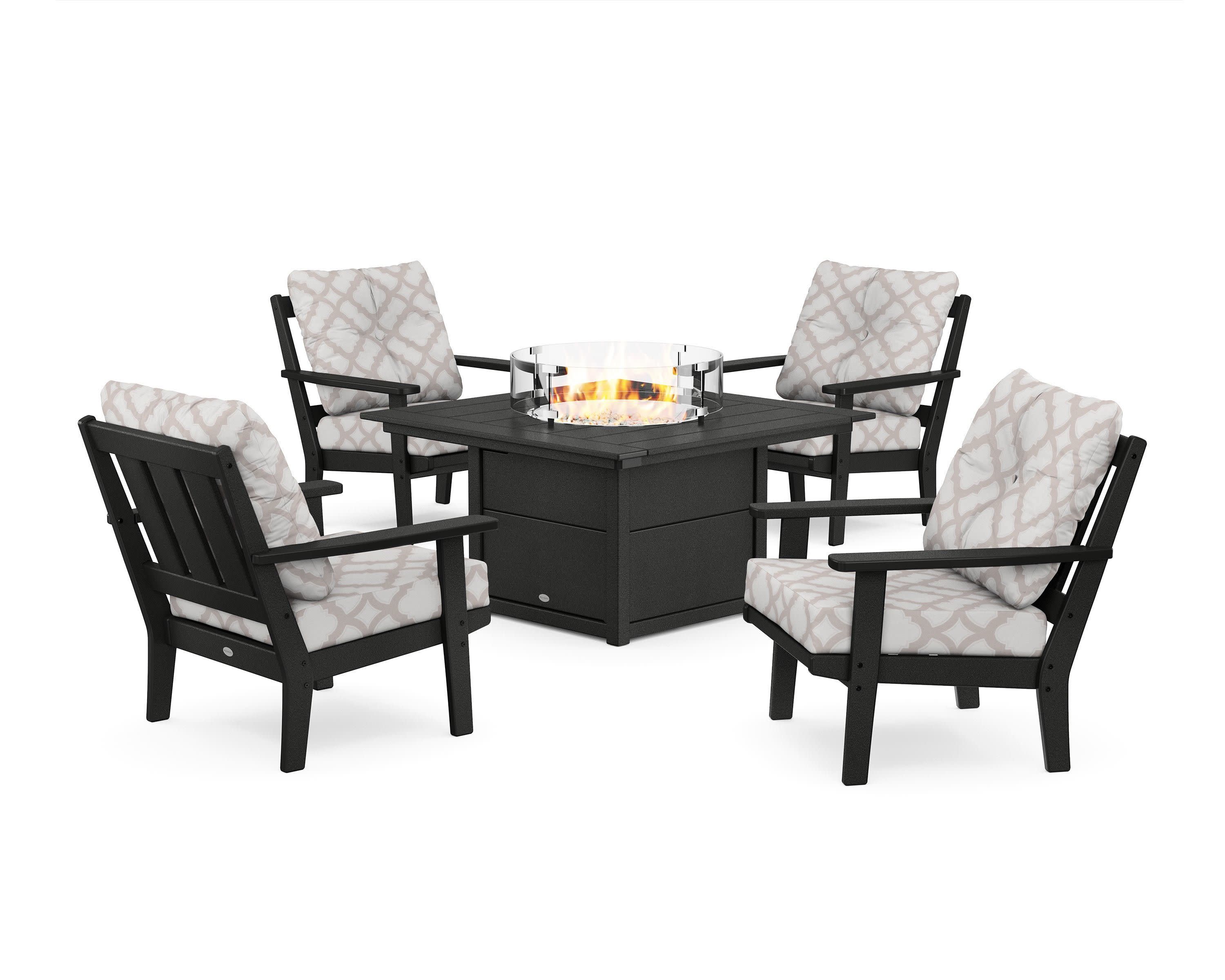 Oxford 5-Piece Deep Seating Set with Fire Pit Table in Black / Trellis Dune Burlap