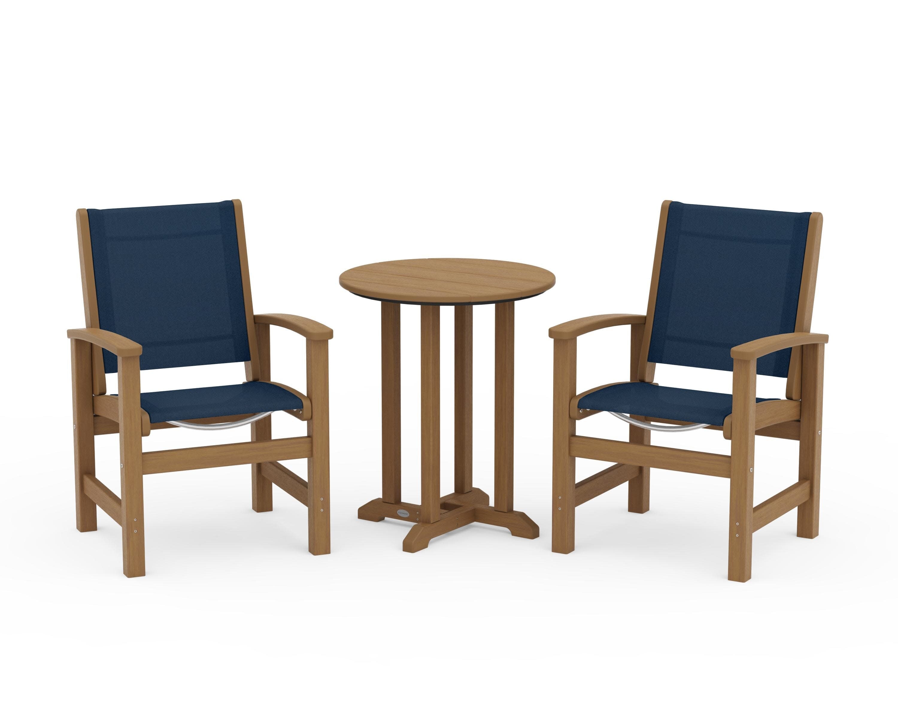 Coastal 3-Piece Round Bistro Dining Set in Natural / Navy Blue Sling
