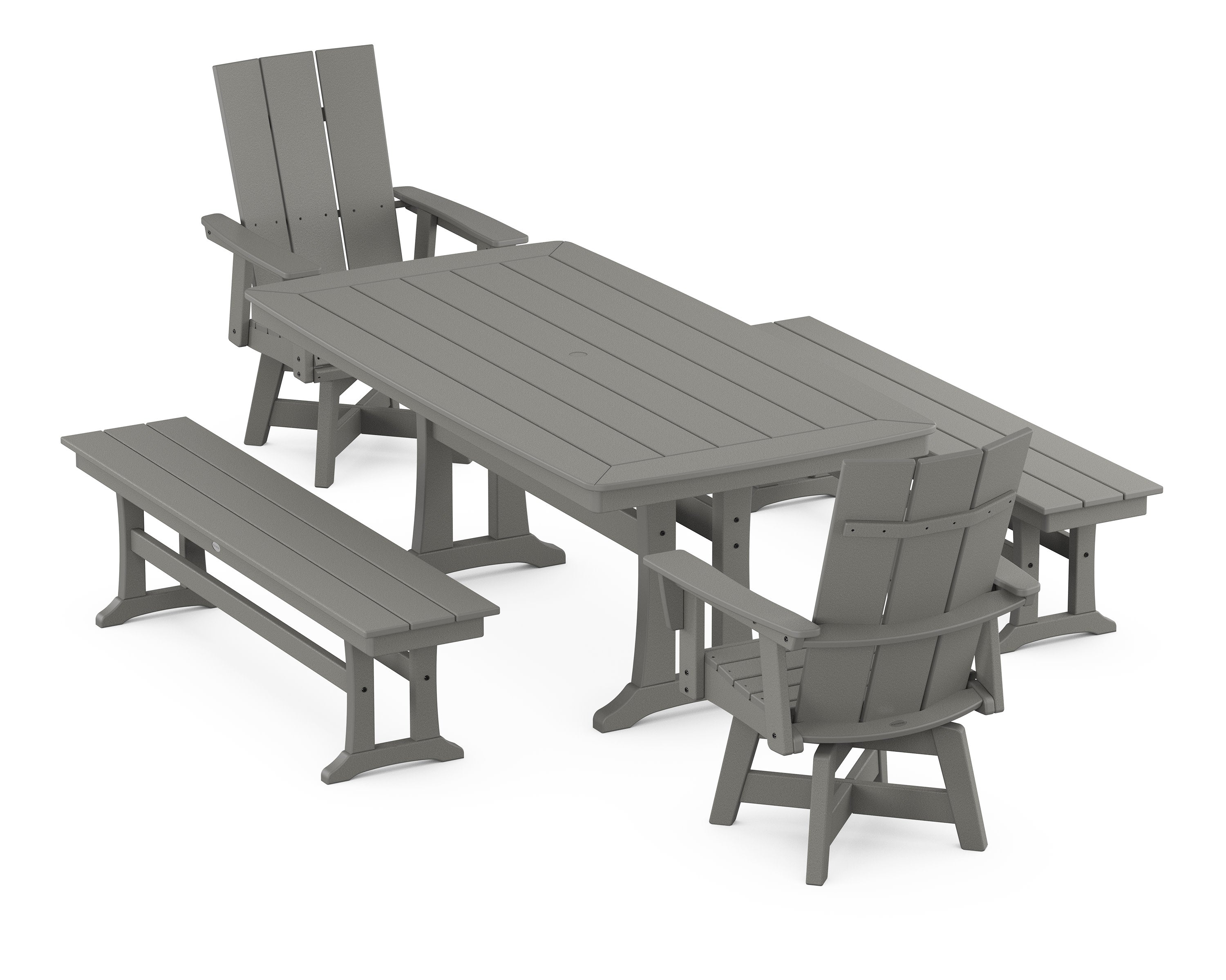 Modern Curveback Adirondack Swivel Chair 5-Piece Dining Set with Trestle Legs and Benches in Slate Grey