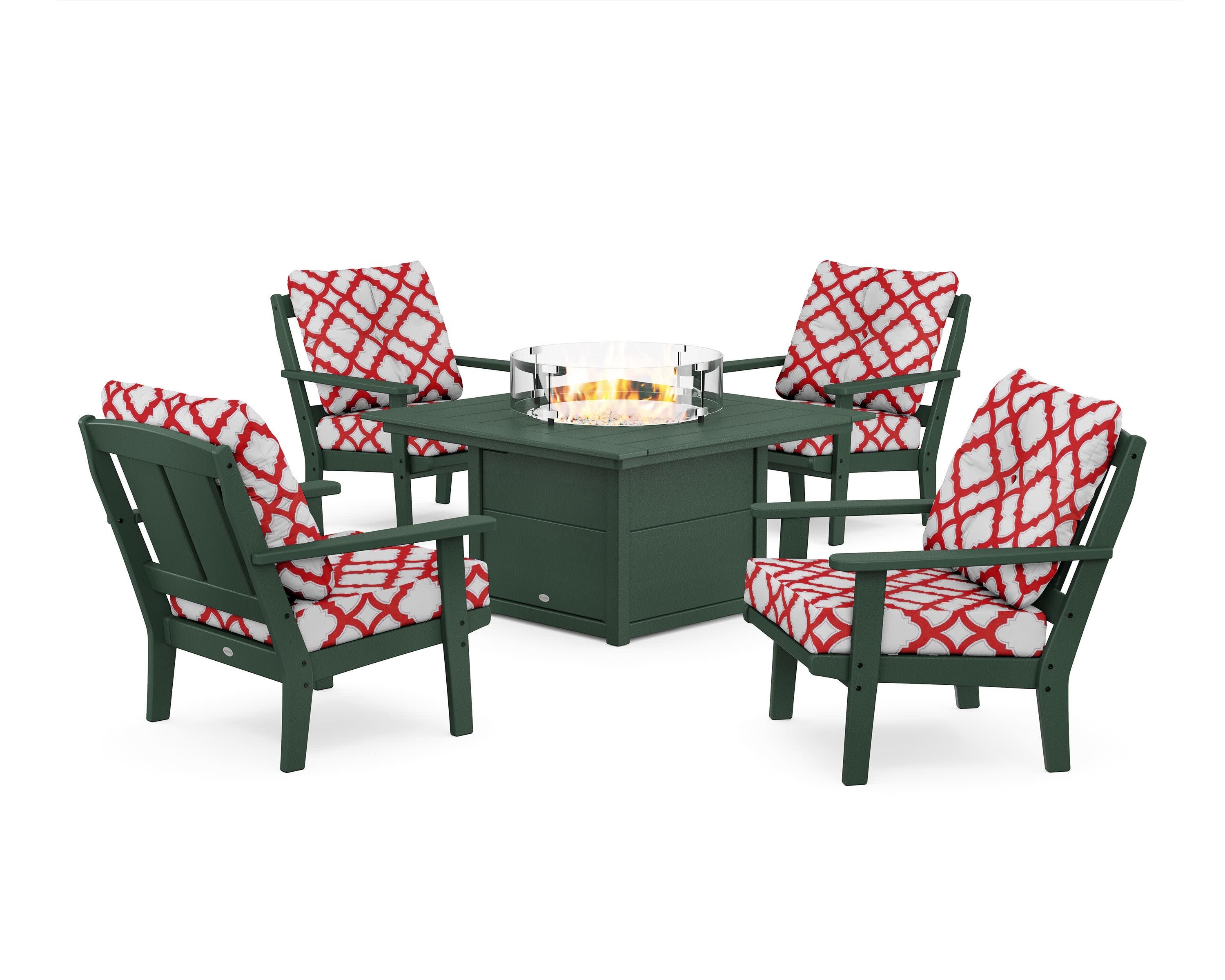 Mission 5-Piece Deep Seating Set with Fire Pit Table in Green / Trellis Crimson
