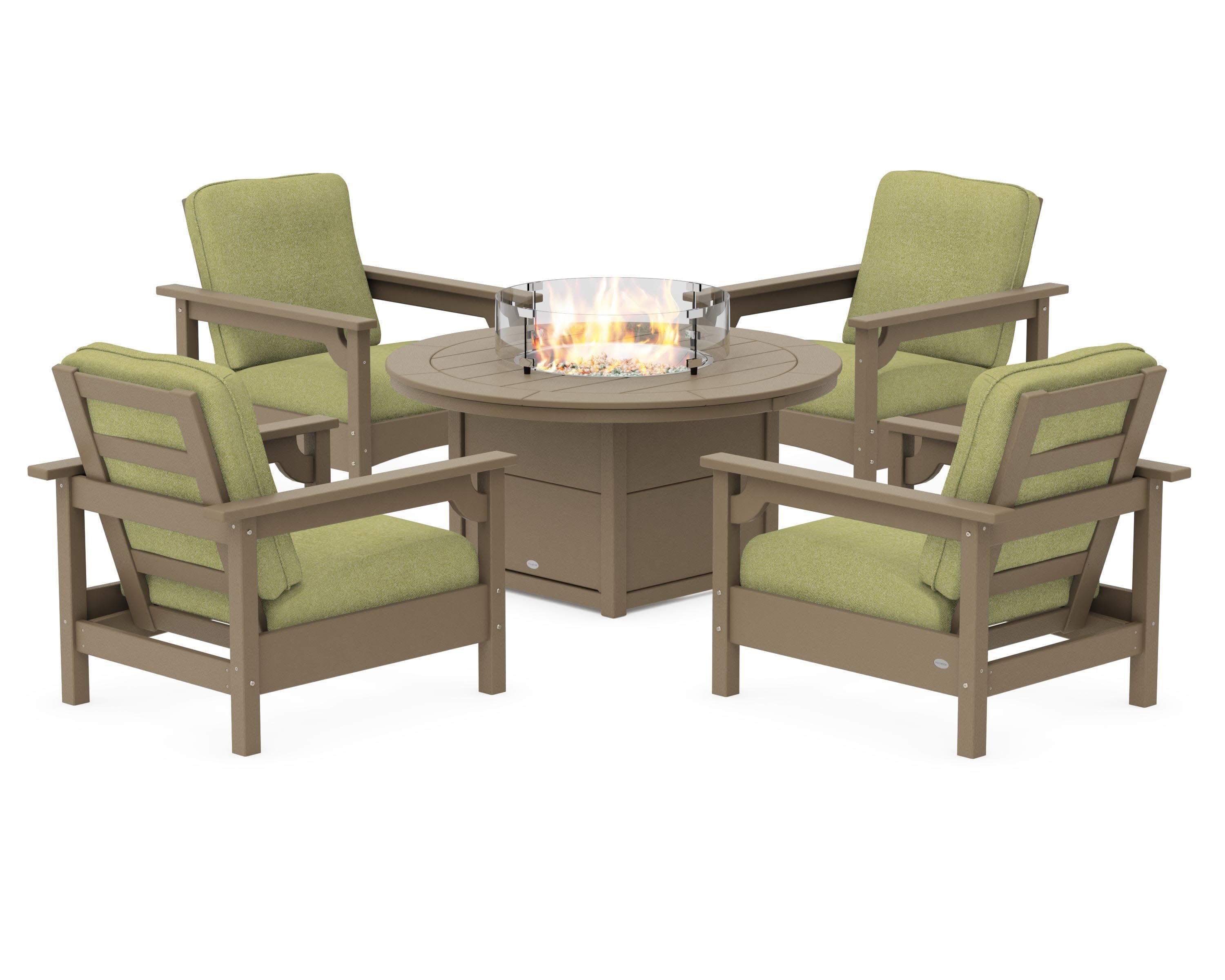 Club 5-Piece Conversation Set with Fire Pit Table in Vintage Sahara / Chartreuse Boucle