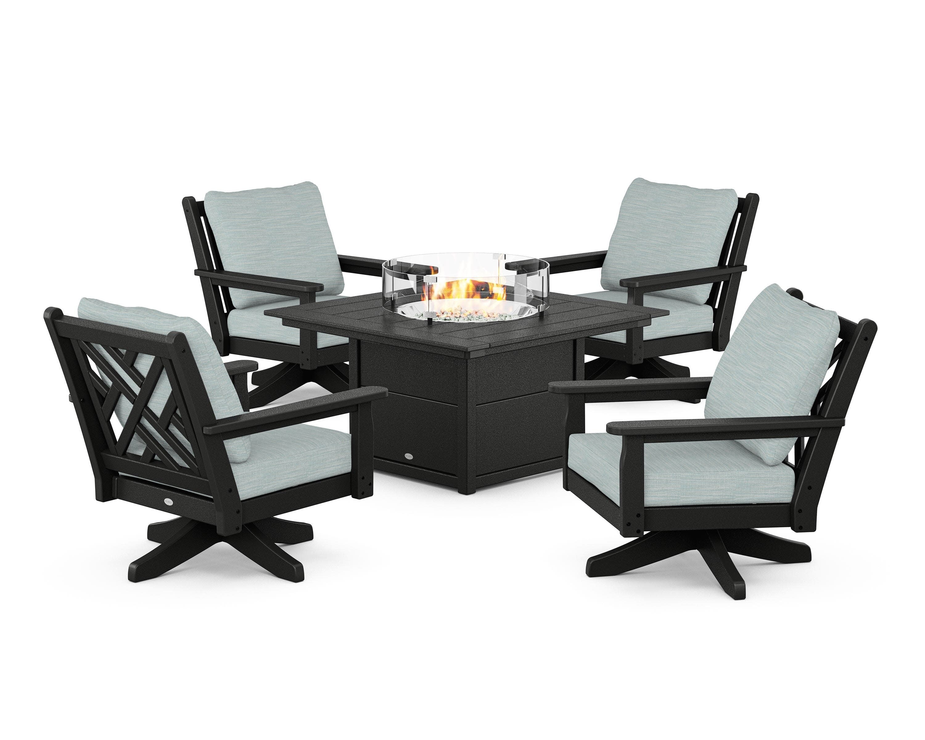 Chippendale 5-Piece Deep Seating Swivel Conversation Set with Fire Pit Table in Black / Soothe Mist