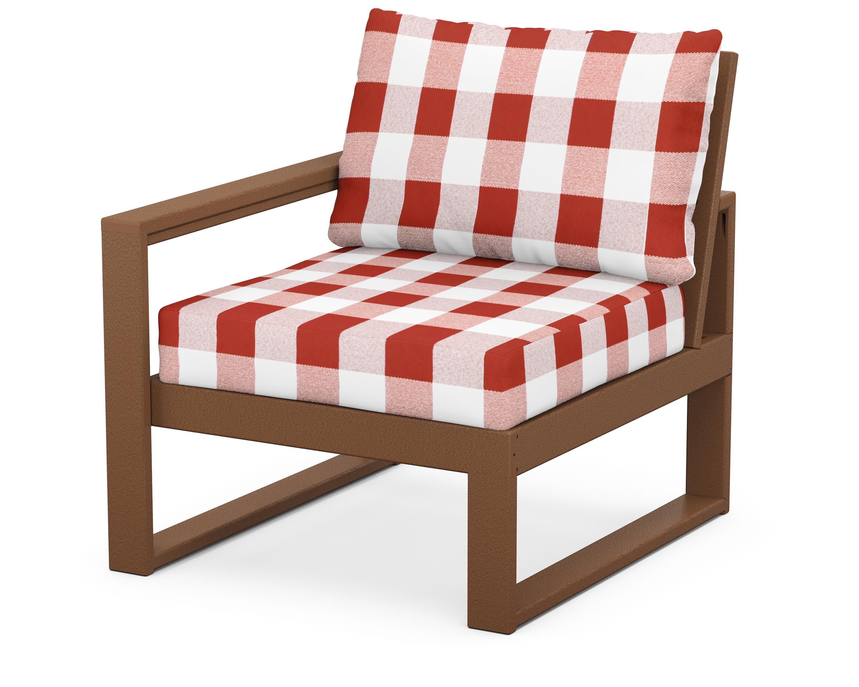 EDGE Modular Left Arm Chair in Teak / Buffalo Plaid Crimson