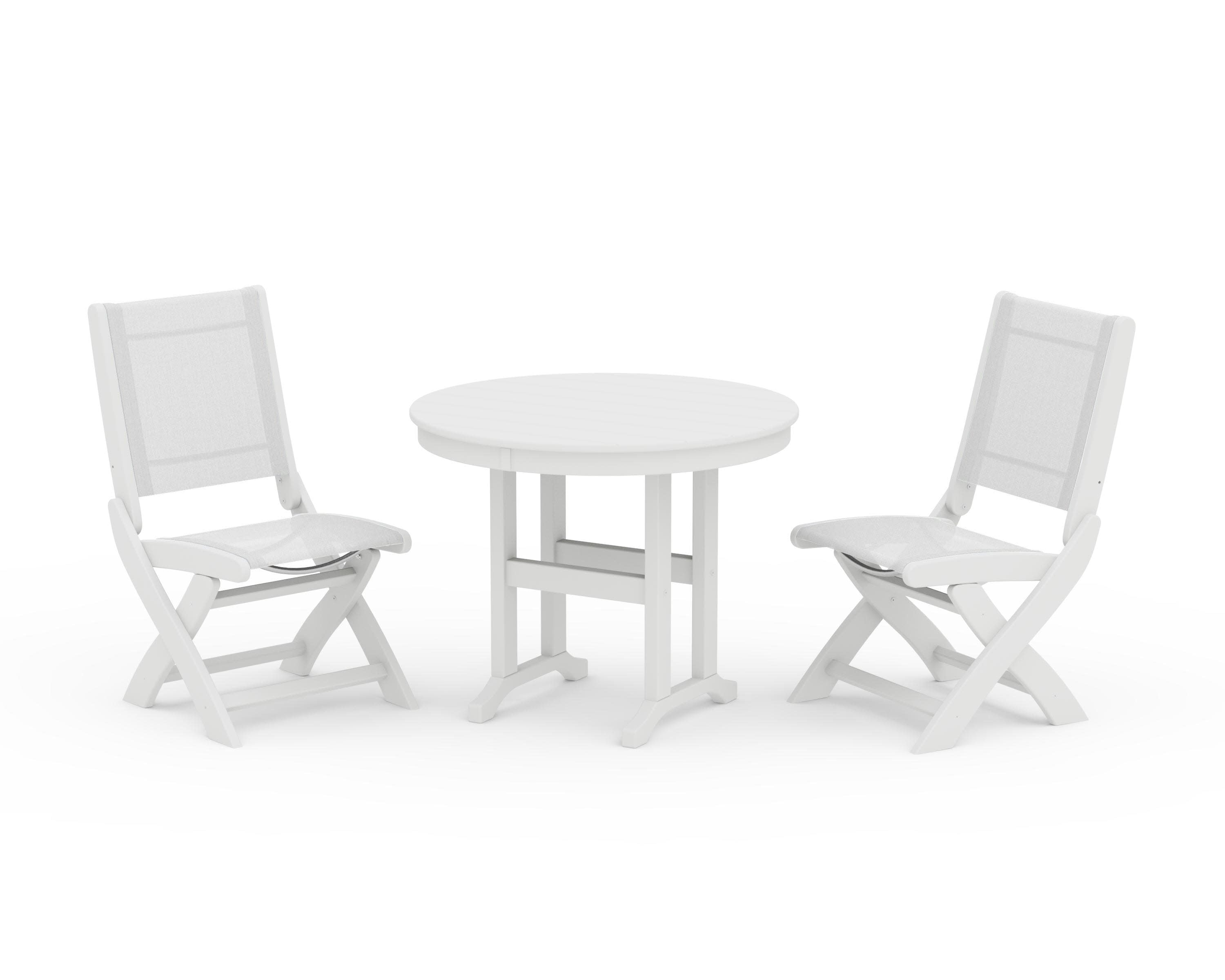 Coastal Folding Side Chair 3-Piece Round Dining Set in White / White Sling