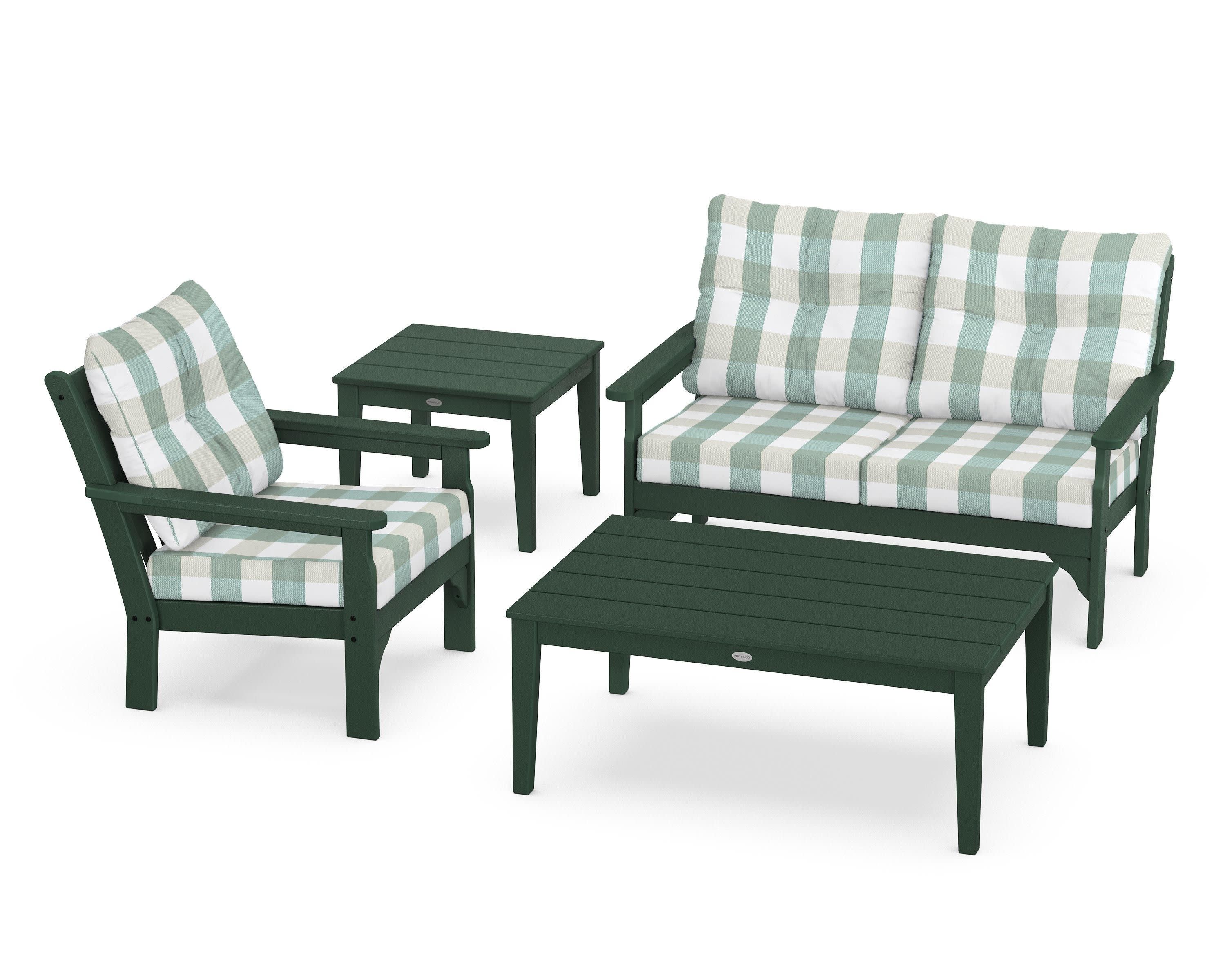 Vineyard 4-Piece Deep Seating Set in Green / Buffalo Plaid Glacier Spa