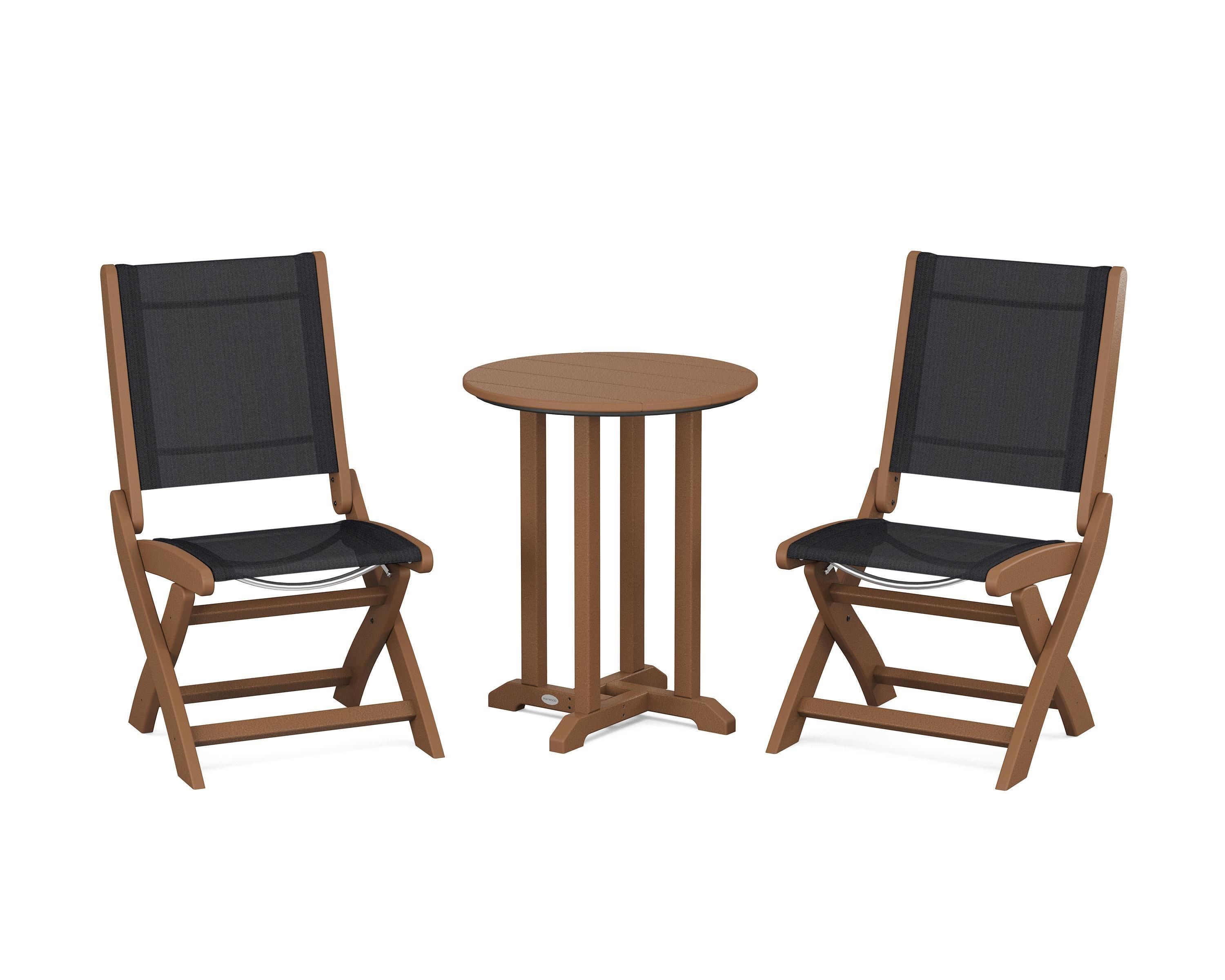 Coastal Folding Side Chair 3-Piece Round Bistro Dining Set in Teak / Black Sling