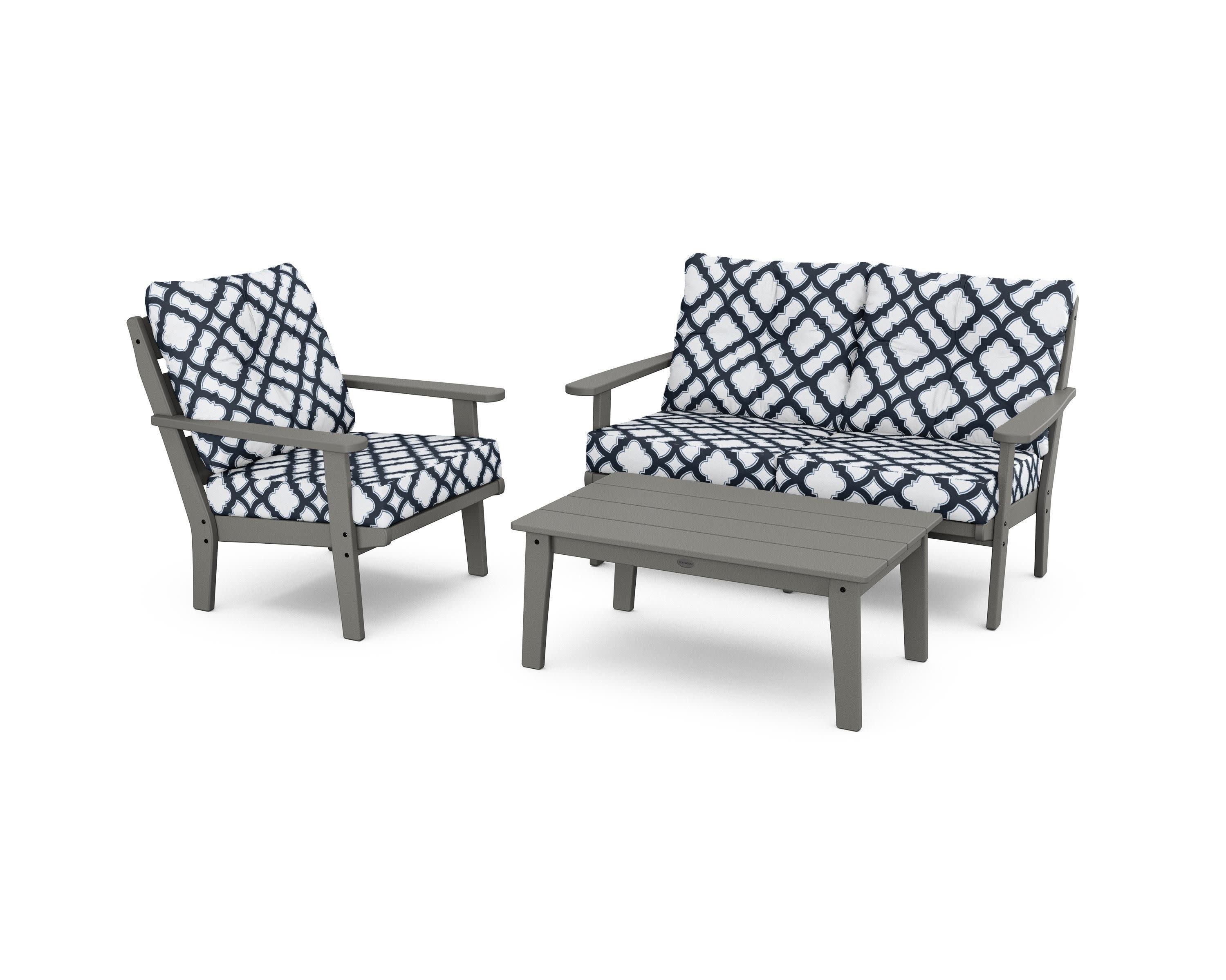 Lakeside 3-Piece Deep Seating Set in Slate Grey / Trellis Marine Indigo