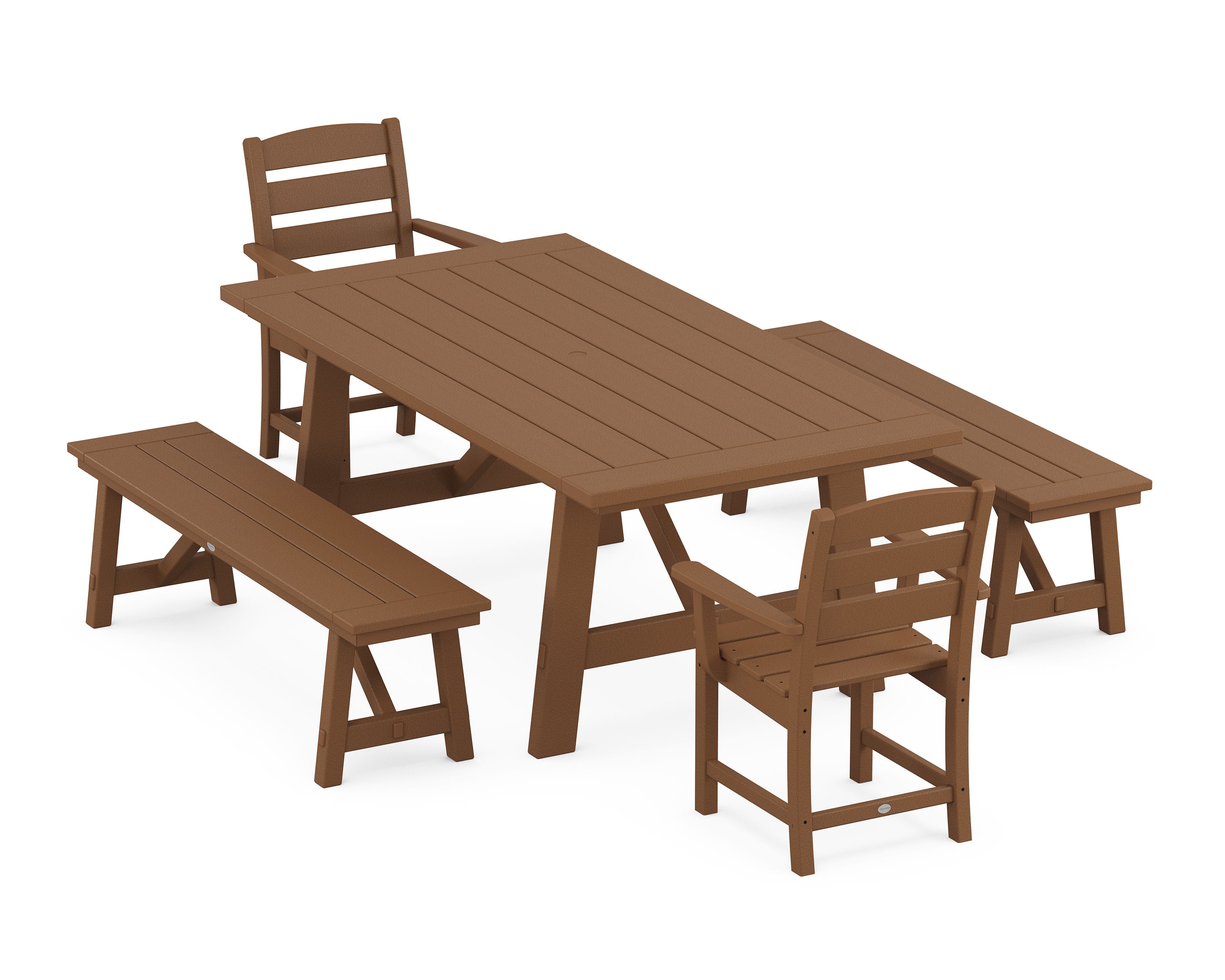Lakeside 5-Piece Rustic Farmhouse Dining Set With Benches in Teak