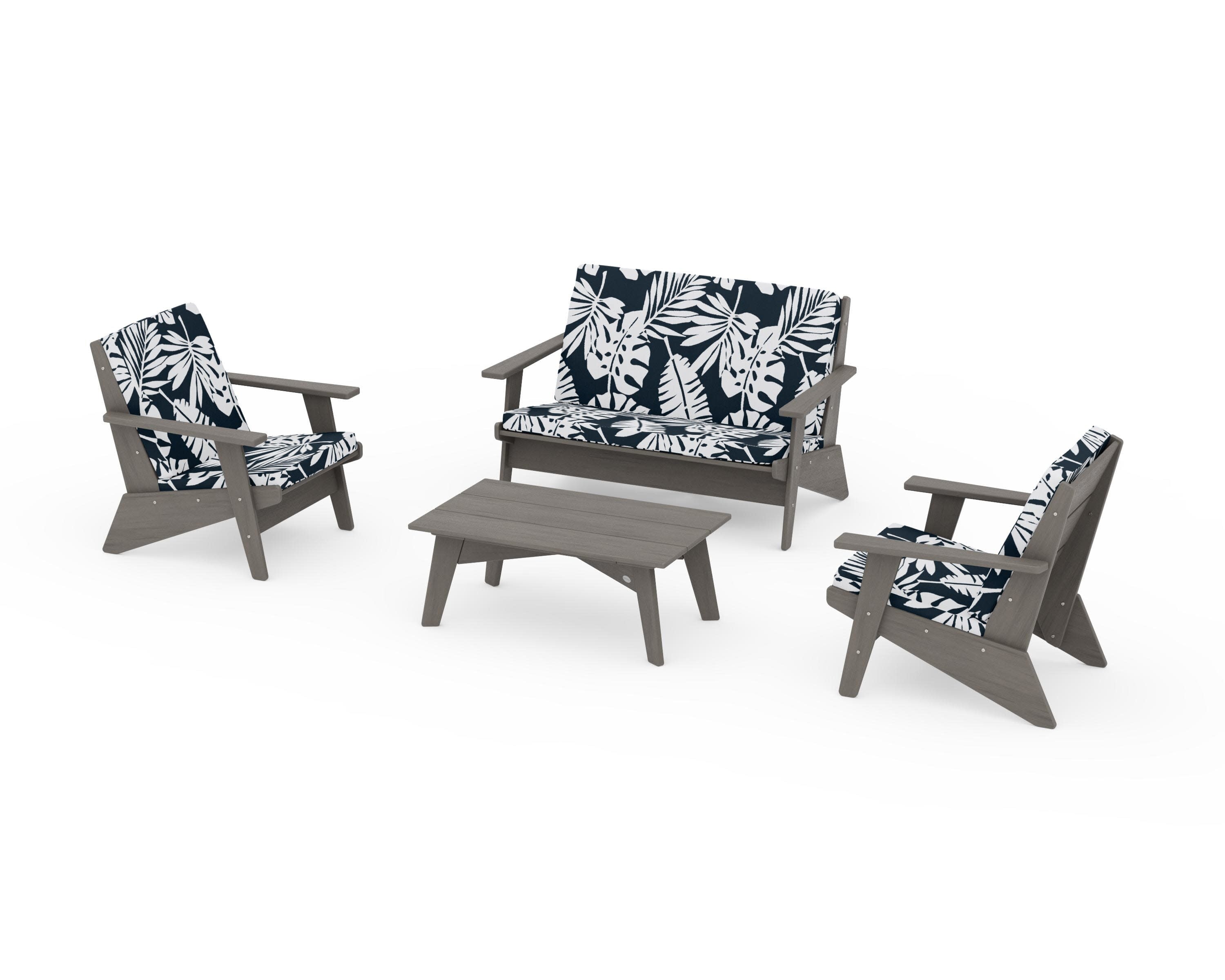 Riviera Modern Lounge 4-Piece Set in Driftwood / Leaf Marine Indigo