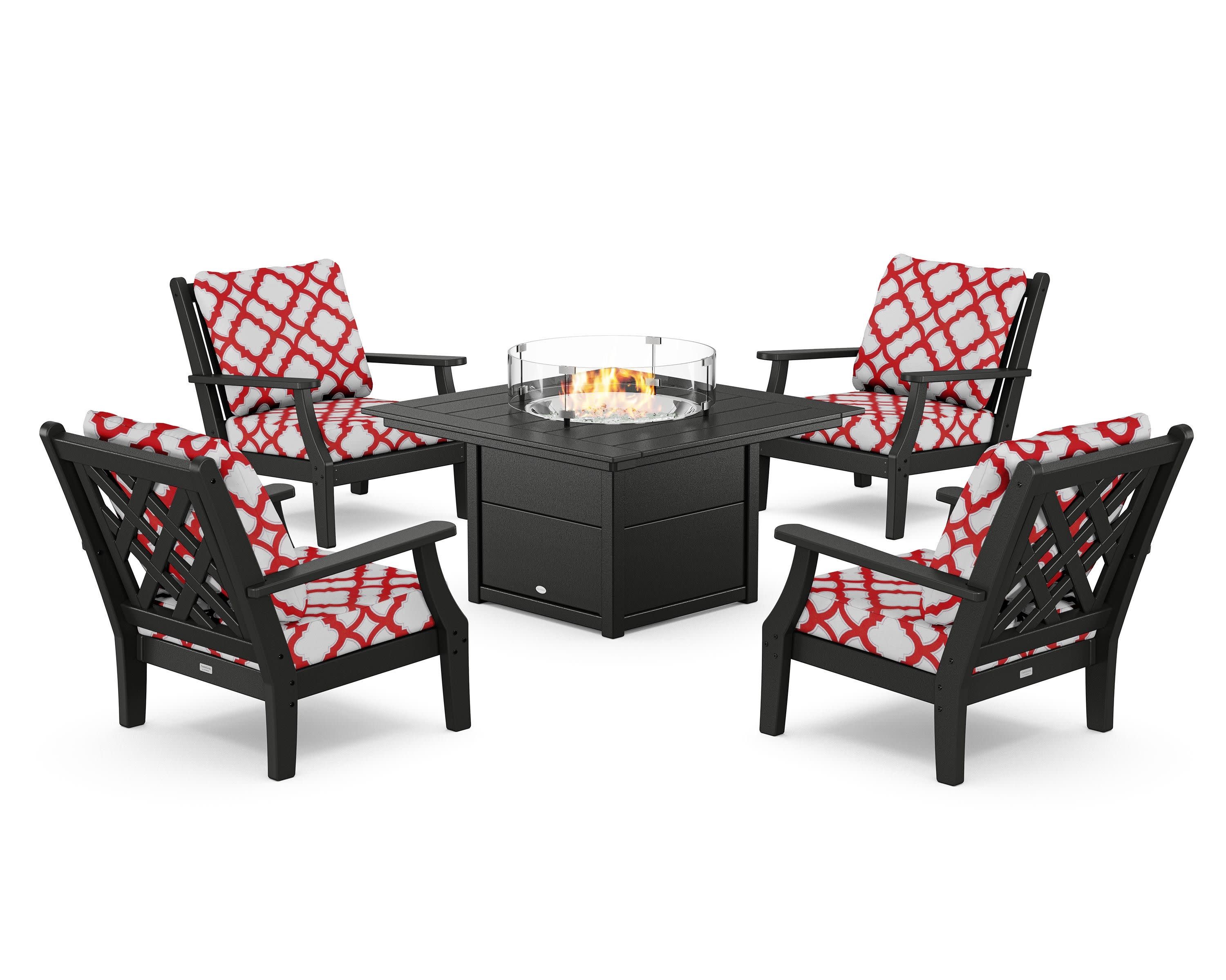 Wovendale 5-Piece Deep Seating Set with Fire Pit Table in Black / Trellis Crimson
