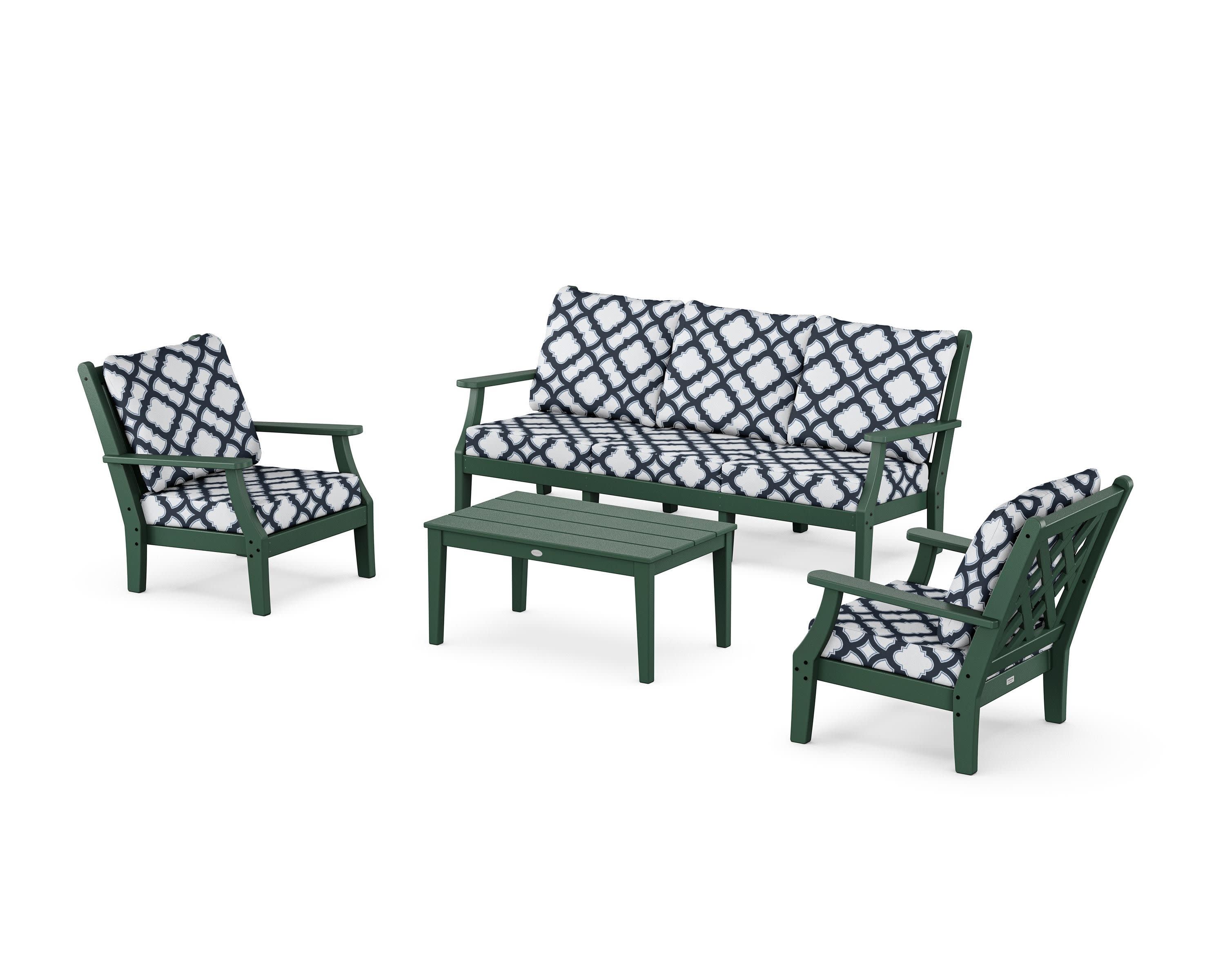 Wovendale 4-Piece Deep Seating Set with Sofa in Green / Trellis Marine Indigo