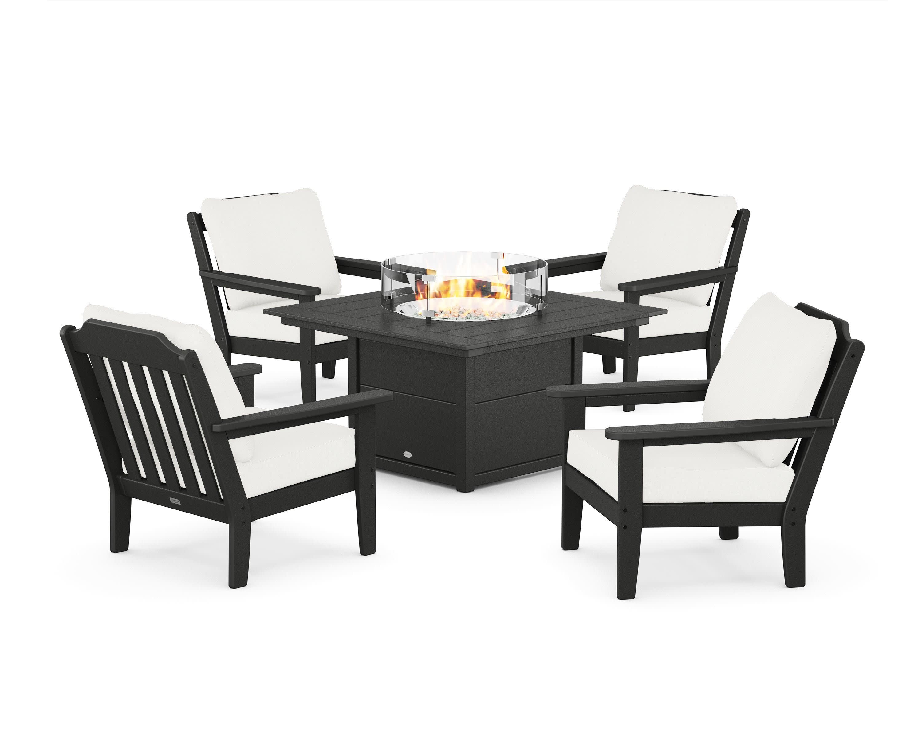 Cottage 5-Piece Deep Seating Set with Fire Pit Table in Black / Natural Linen