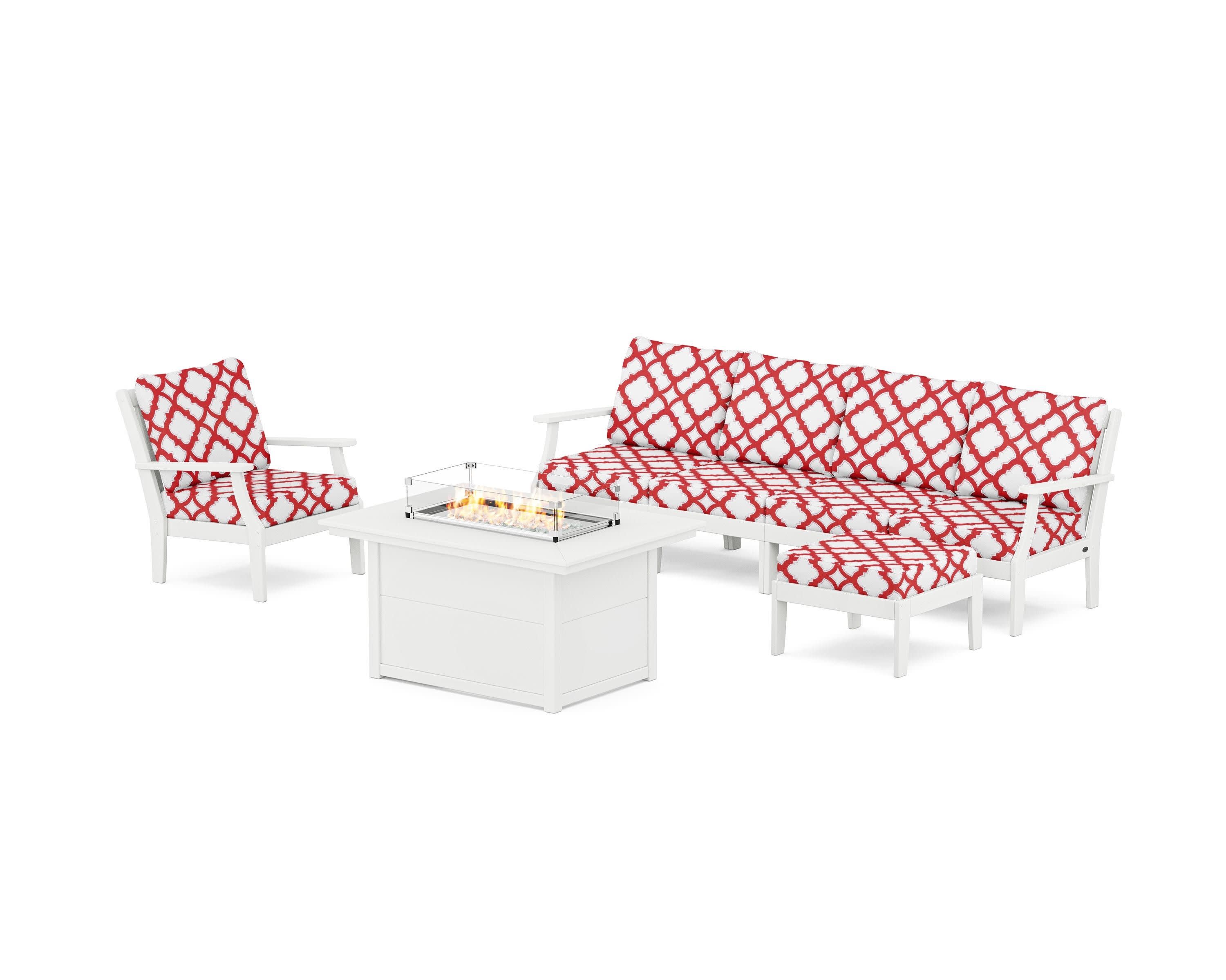 Braxton Sectional Lounge and Fire Pit Set in White / Trellis Crimson
