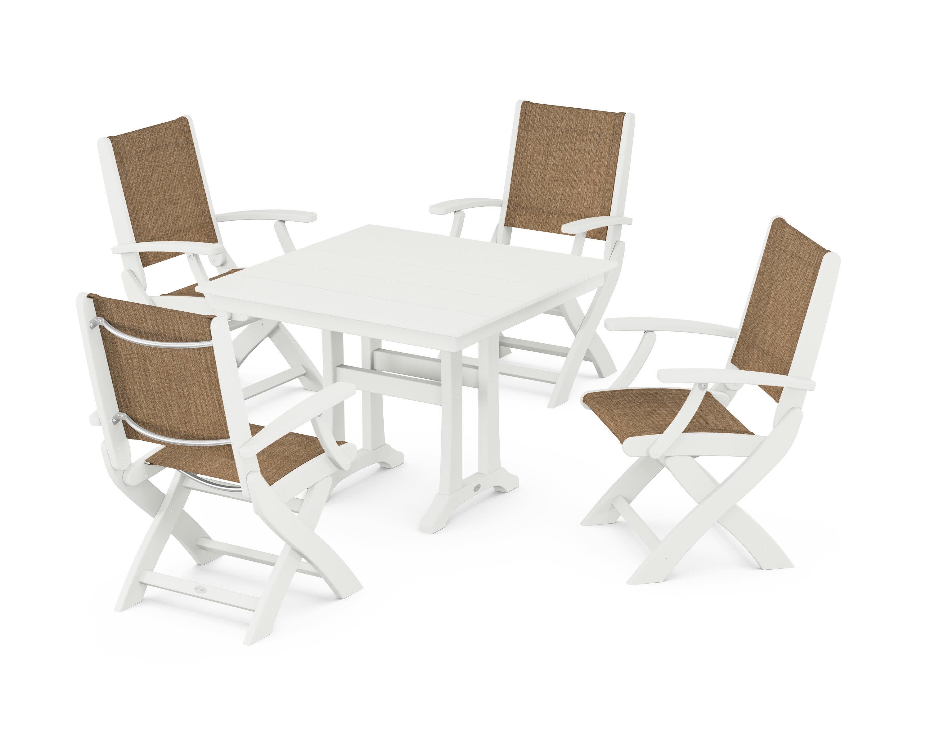 Coastal Folding Chair 5-Piece Farmhouse Dining Set With Trestle Legs in Vintage White / Burlap Sling
