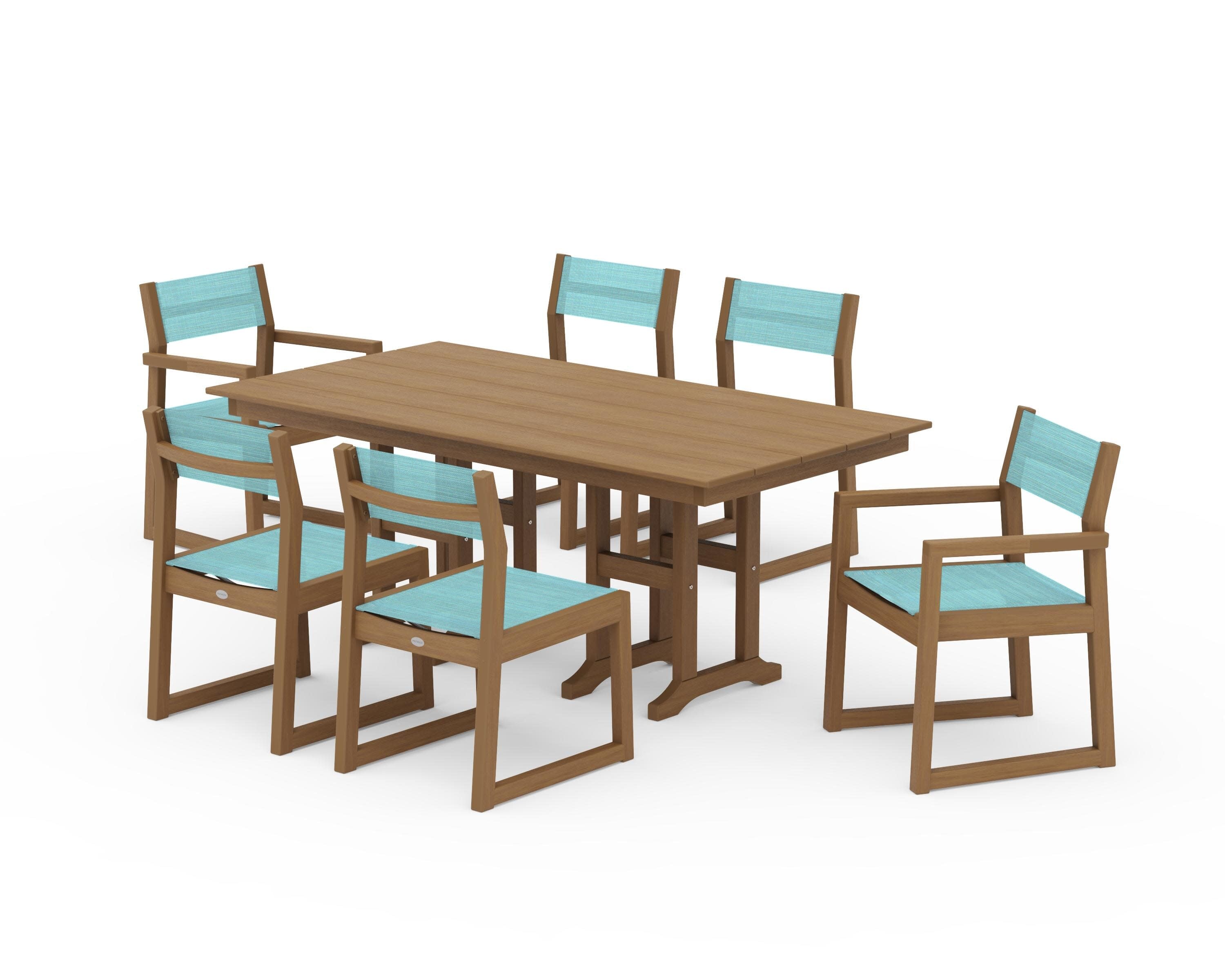 EDGE Sling 7-Piece Farmhouse Dining Set in Natural / Dupioni Aquamarine Sling