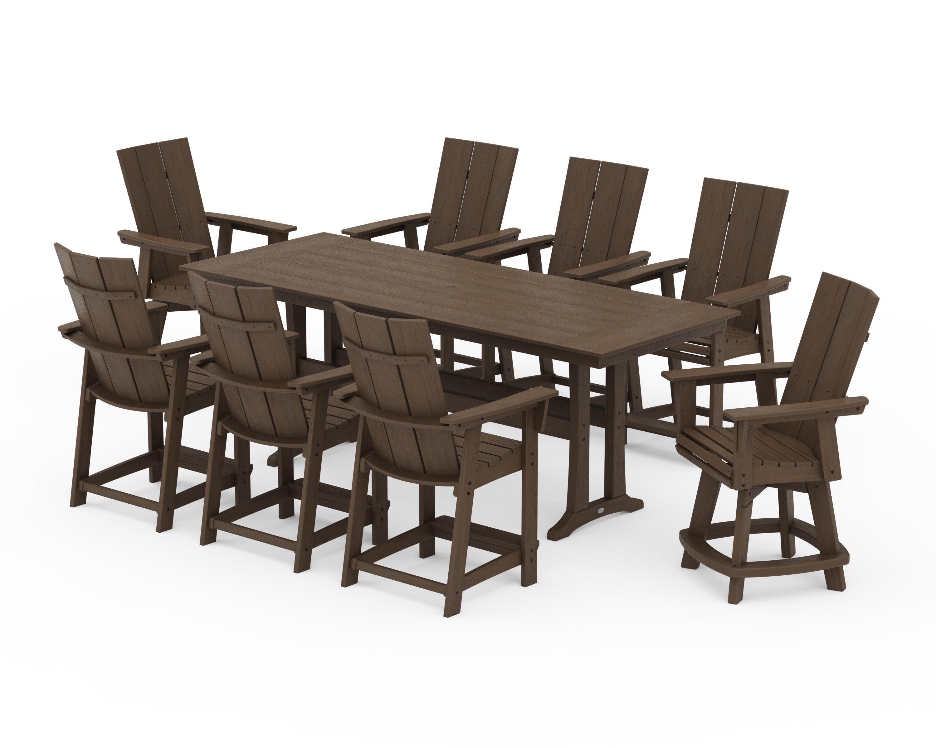 Modern Curveback Adirondack Swivel 9-Piece Farmhouse Counter Set with Trestle Legs in Kona