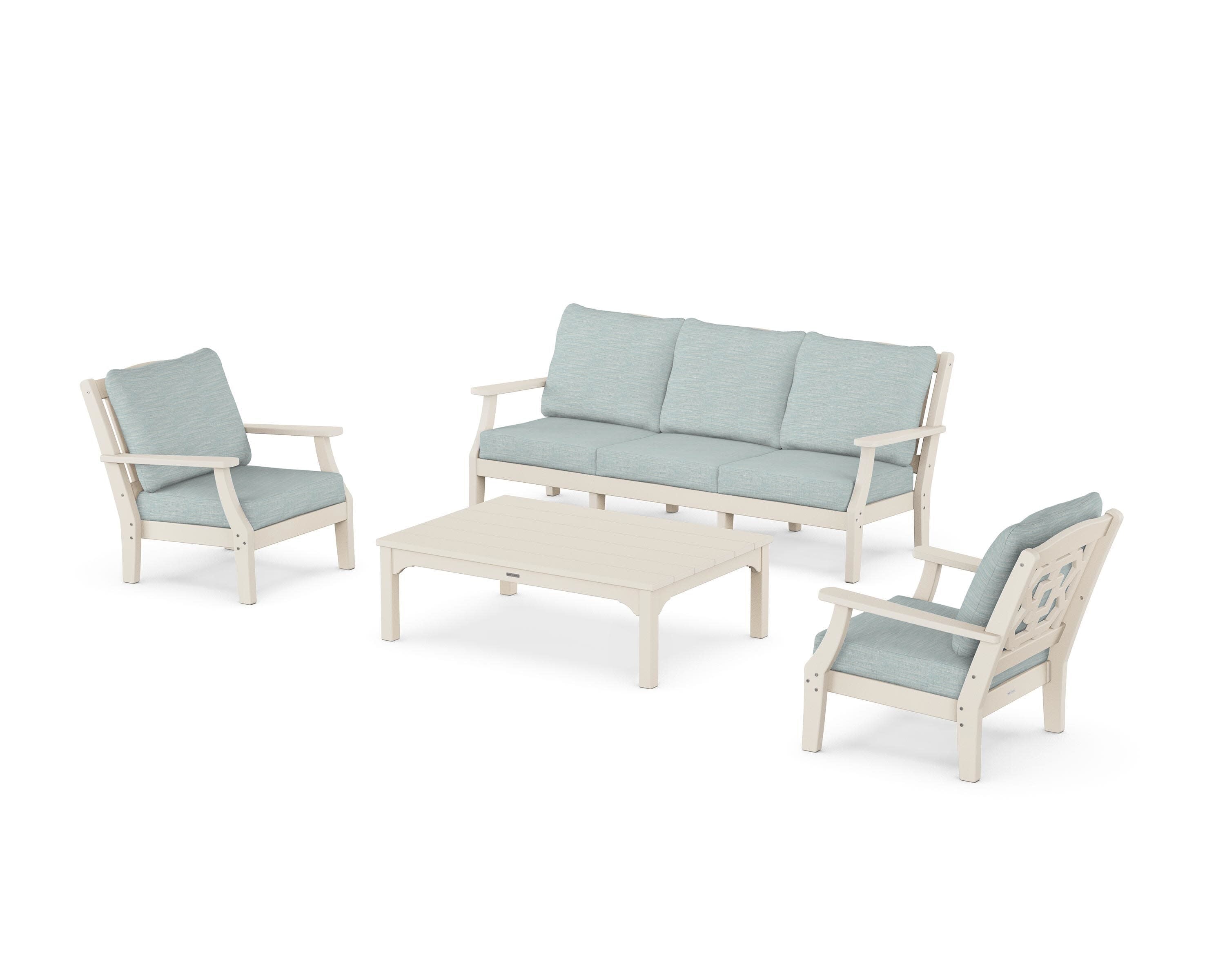 Chinoiserie 4-Piece Deep Seating Set with Sofa in Sand / Soothe Mist