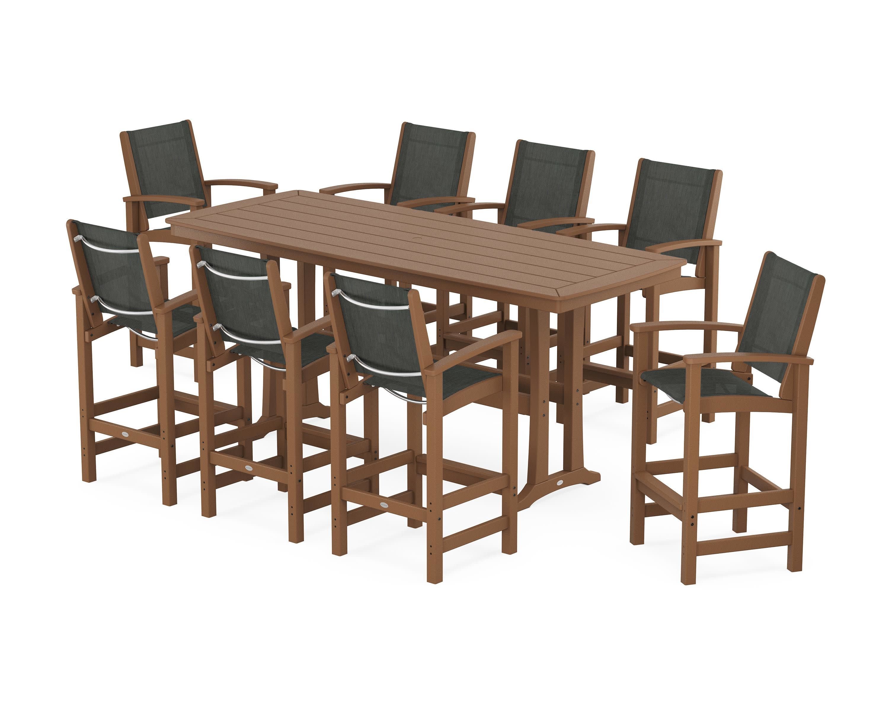 Coastal 9-Piece Bar Set with Trestle Legs in Teak / Ember Sling