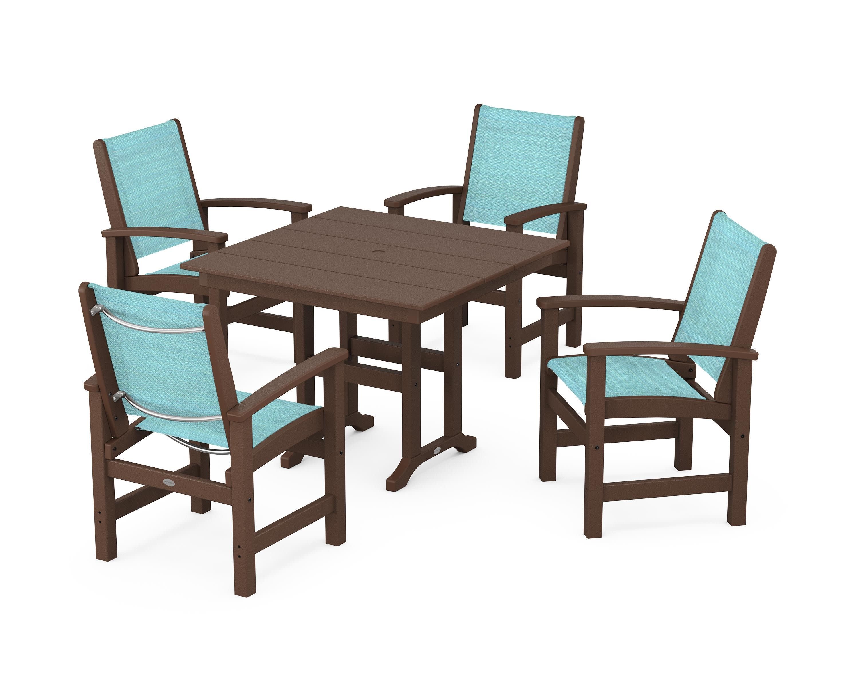 Coastal 5-Piece Farmhouse Dining Set in Mahogany / Dupioni Aquamarine Sling