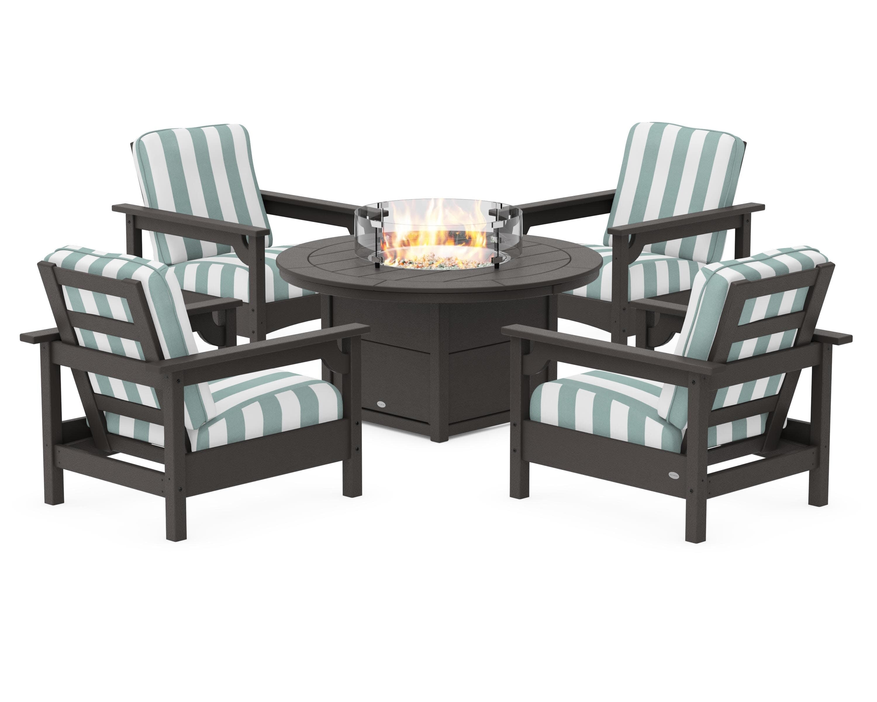 Club 5-Piece Conversation Set with Fire Pit Table in Vintage Coffee / Cabana Stripe Glacier Spa