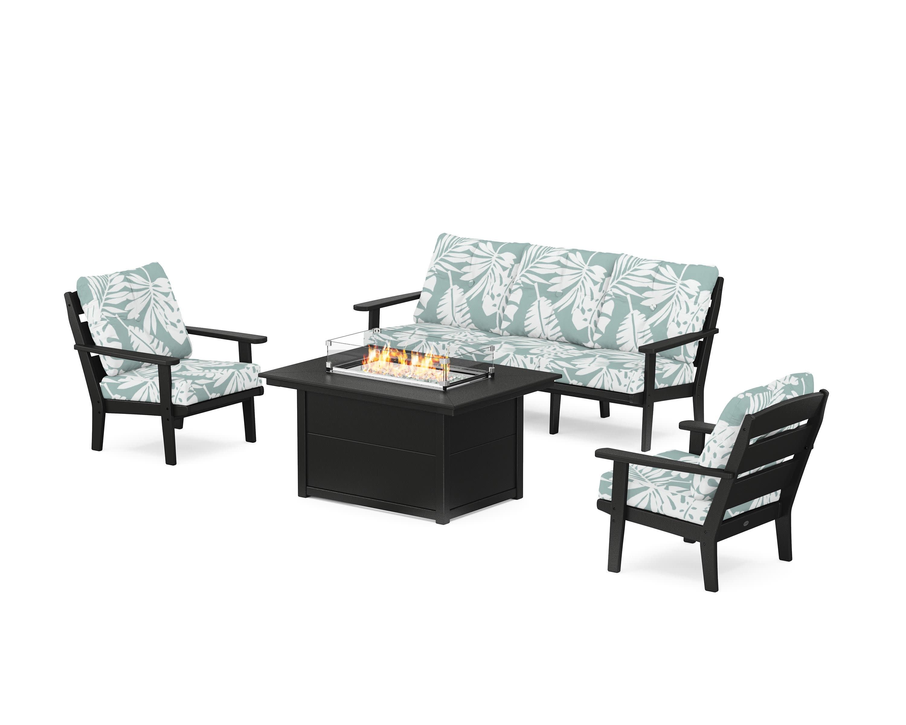Lakeside Deep Seating Fire Pit Table Set in Black / Leaf Glacier Spa