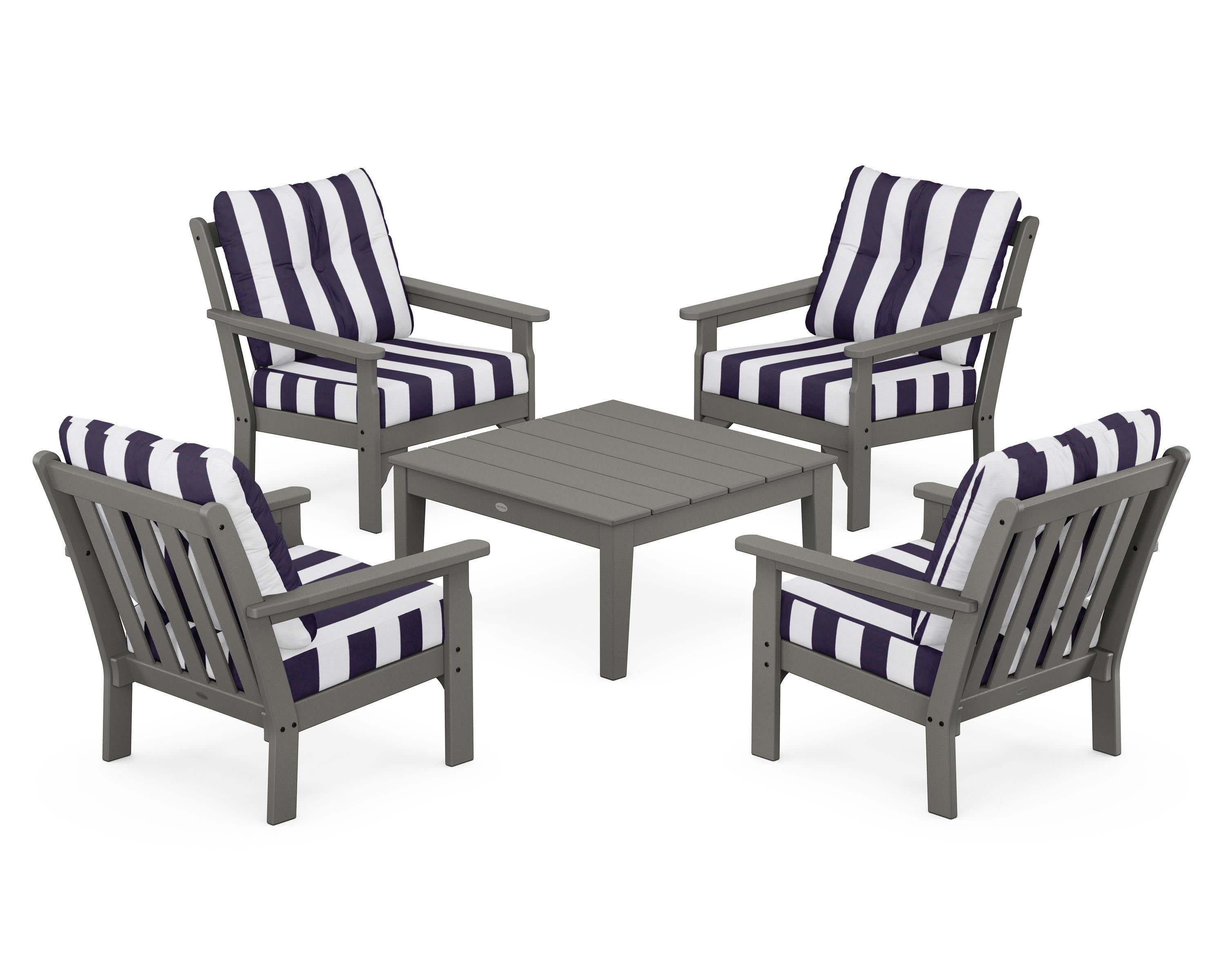 Vineyard 5-Piece Deep Seating Conversation Set in Slate Grey / Cabana Stripe Navy