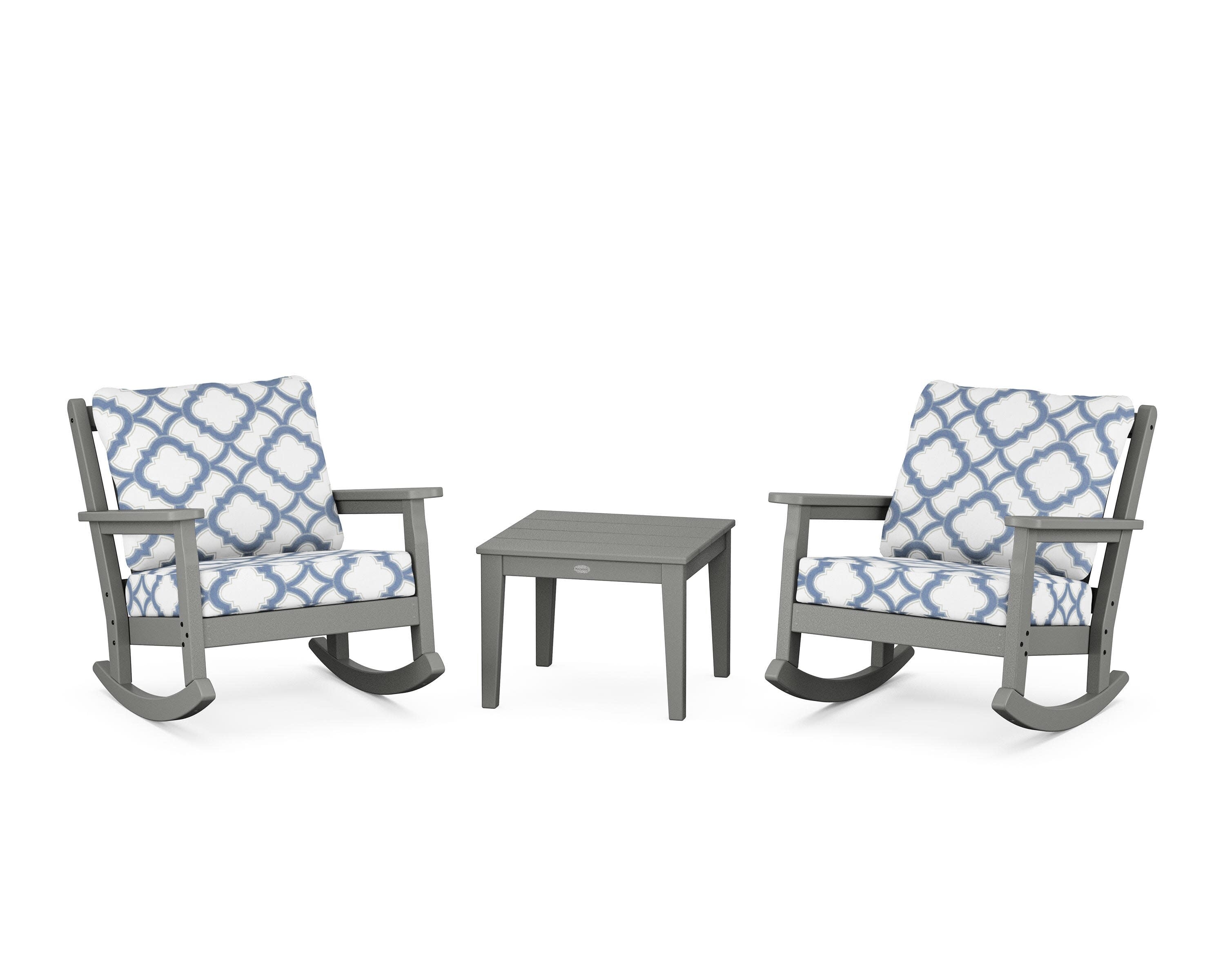 Chippendale 3-Piece Deep Seating Rocker Set in Slate Grey / Trellis Sky Blue