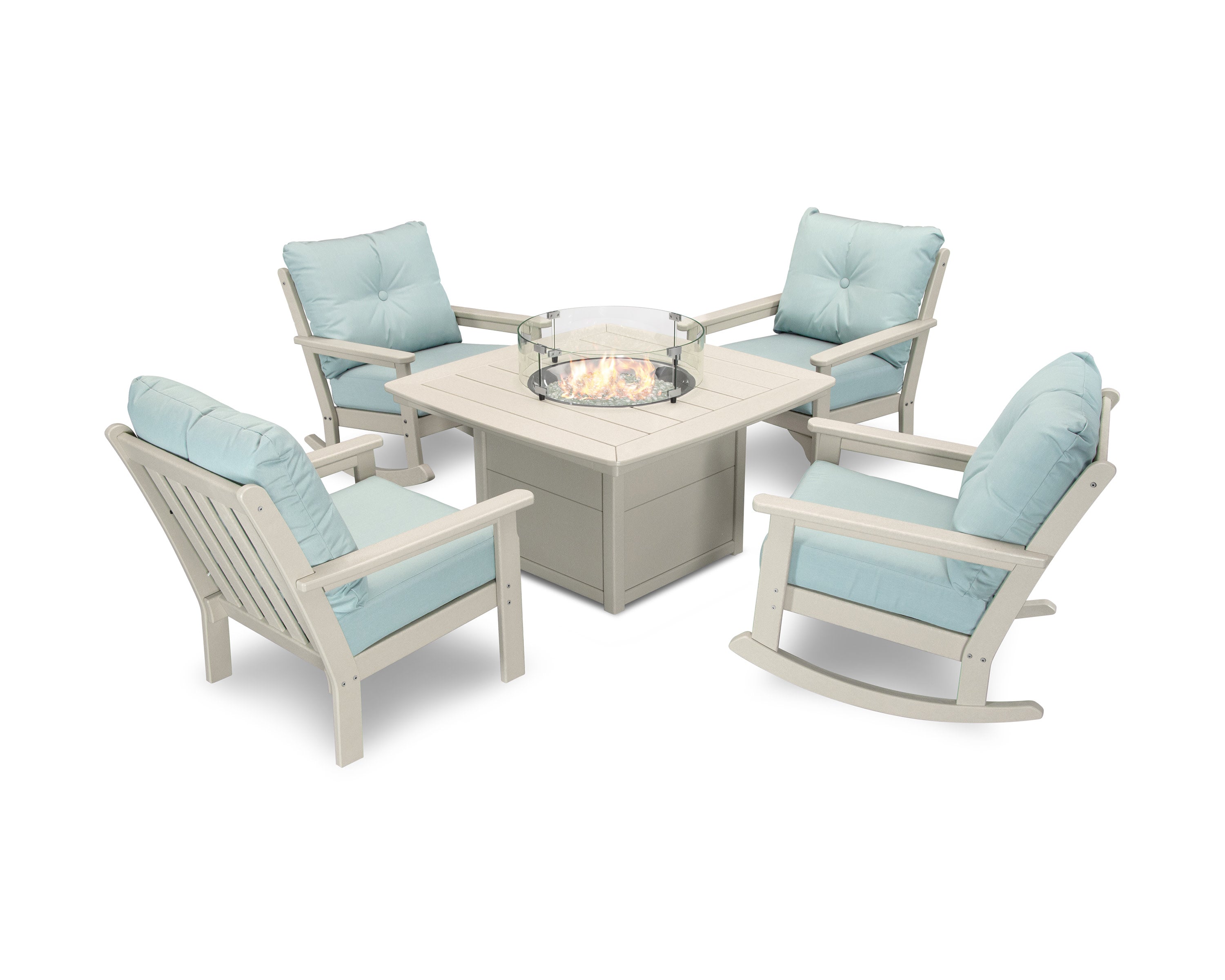 Vineyard 5-Piece Deep Seating Rocking Chair Conversation Set with Fire Pit Table in Sand / Spa
