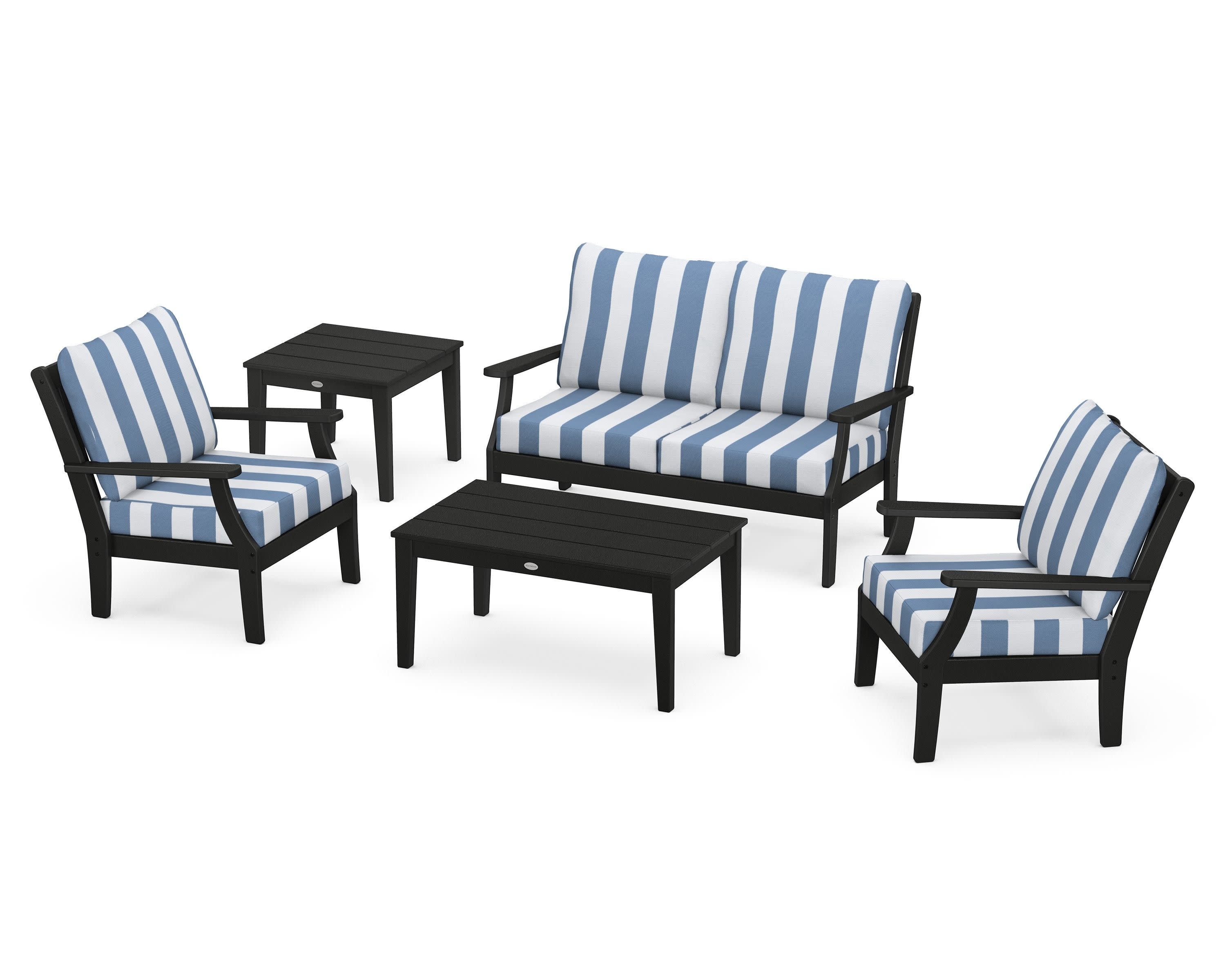Braxton 5-Piece Deep Seating Set in Black / Cabana Stripe Sky Blue