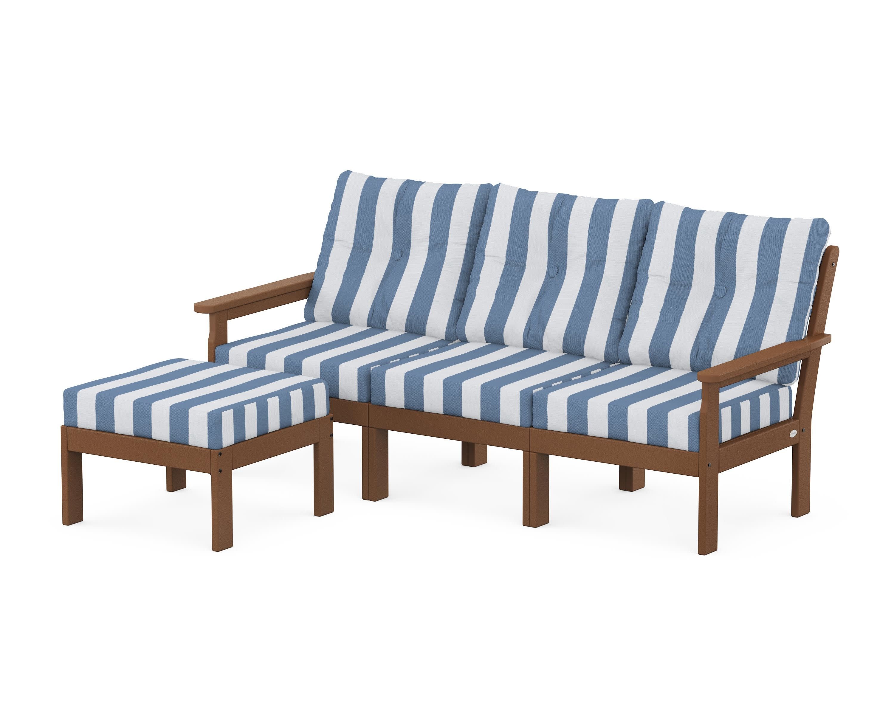 Vineyard 4-Piece Sectional with Ottoman in Teak / Cabana Stripe Sky Blue