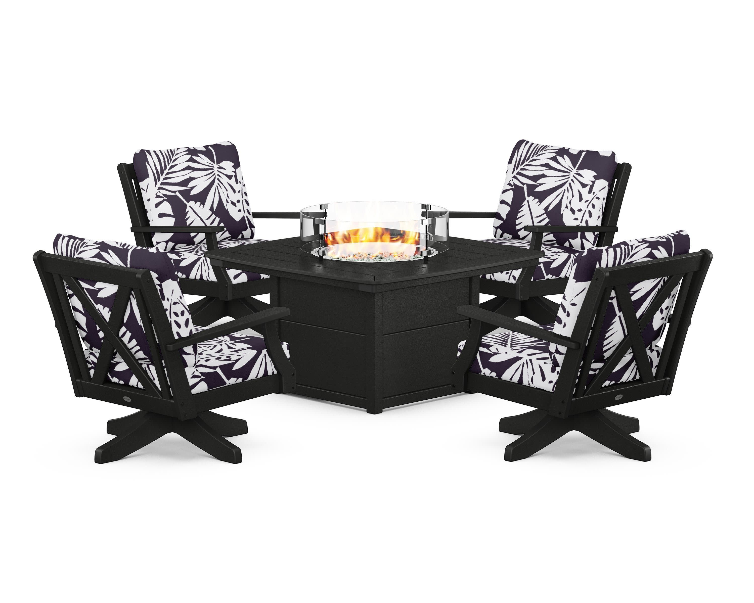 Braxton 5-Piece Deep Seating Swivel Conversation Set with Fire Pit Table in Black / Leaf Navy