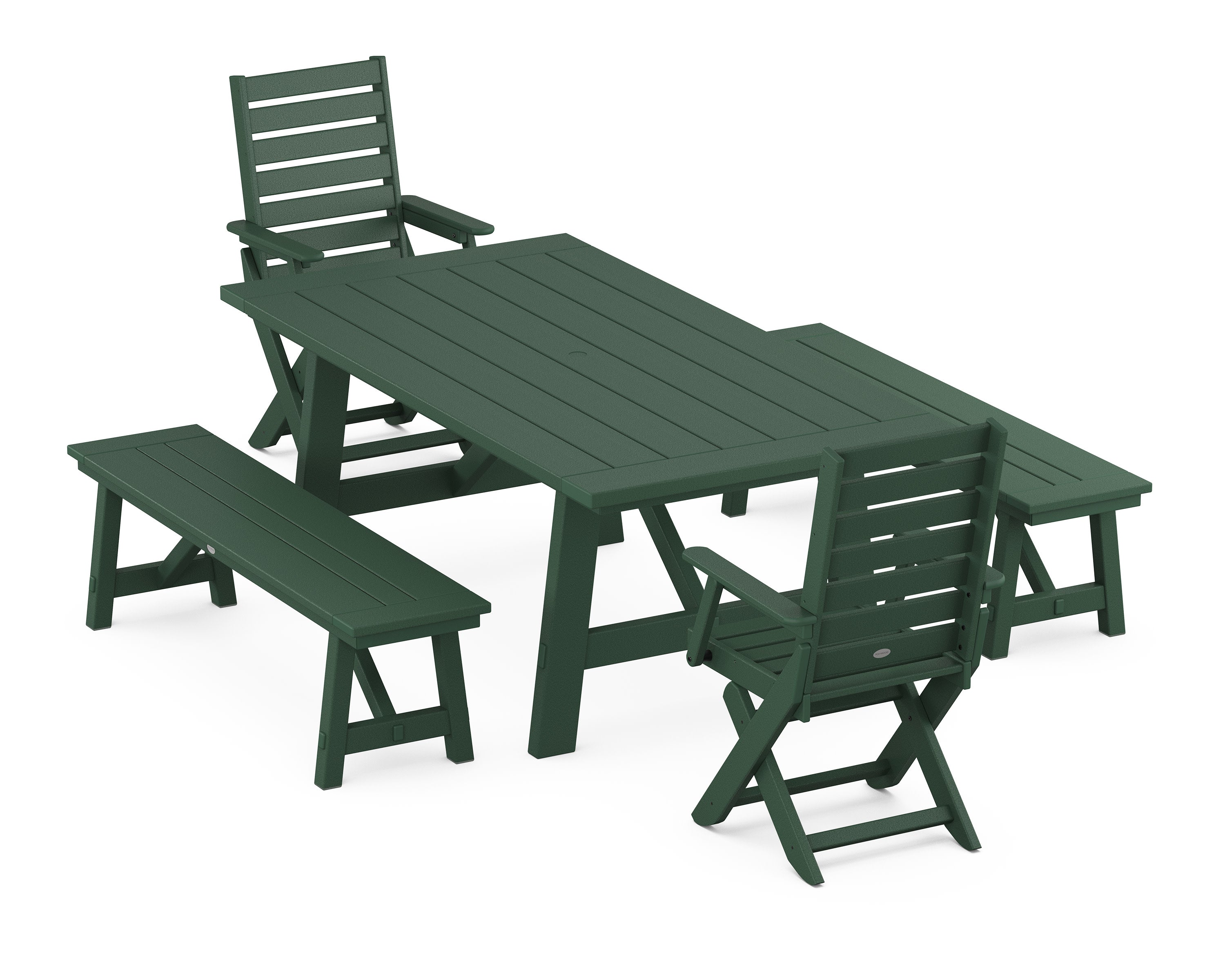 Captain Folding Chair 5-Piece Rustic Farmhouse Dining Set With Benches in Green