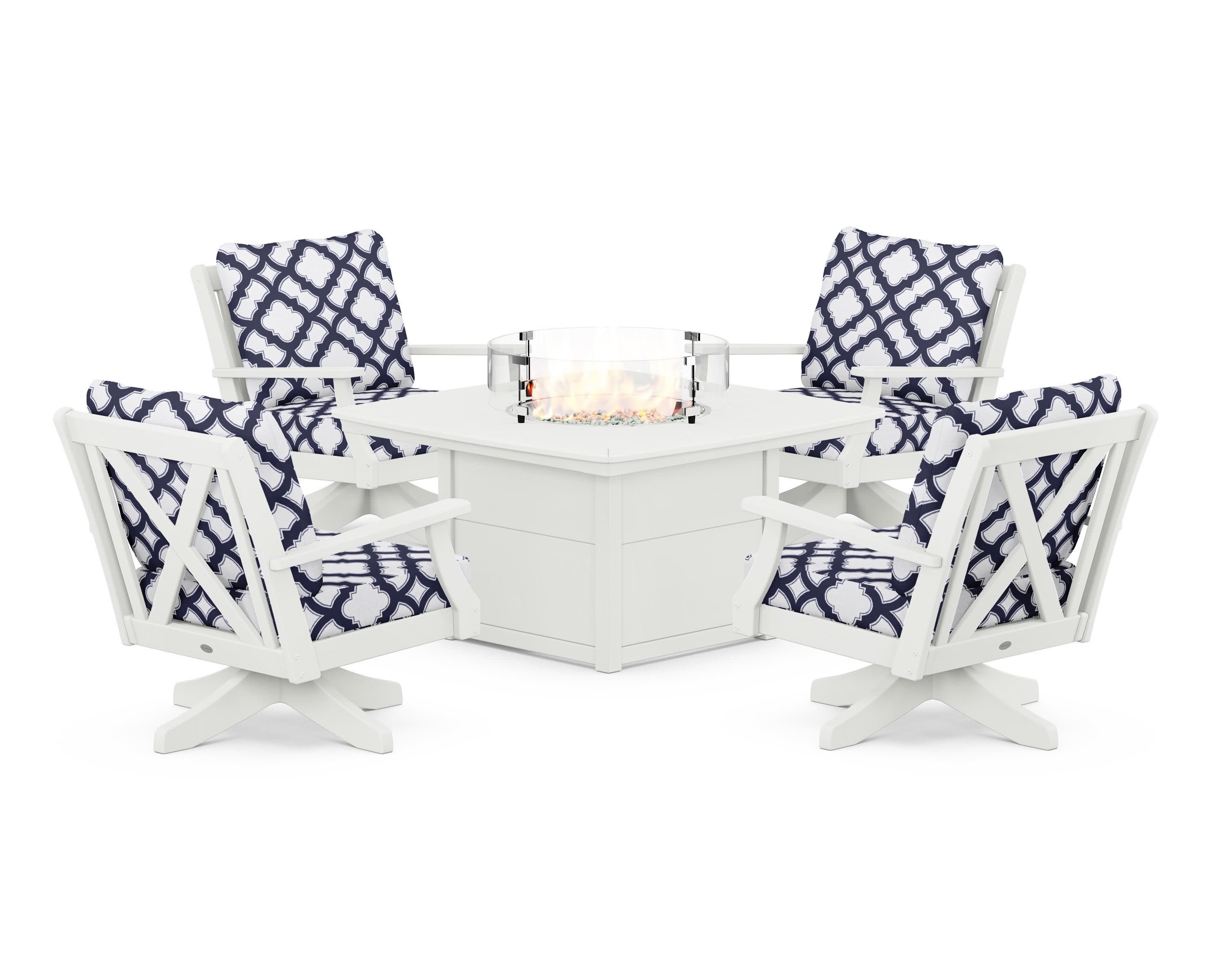 Braxton 5-Piece Deep Seating Swivel Conversation Set with Fire Pit Table in Vintage White / Trellis Navy