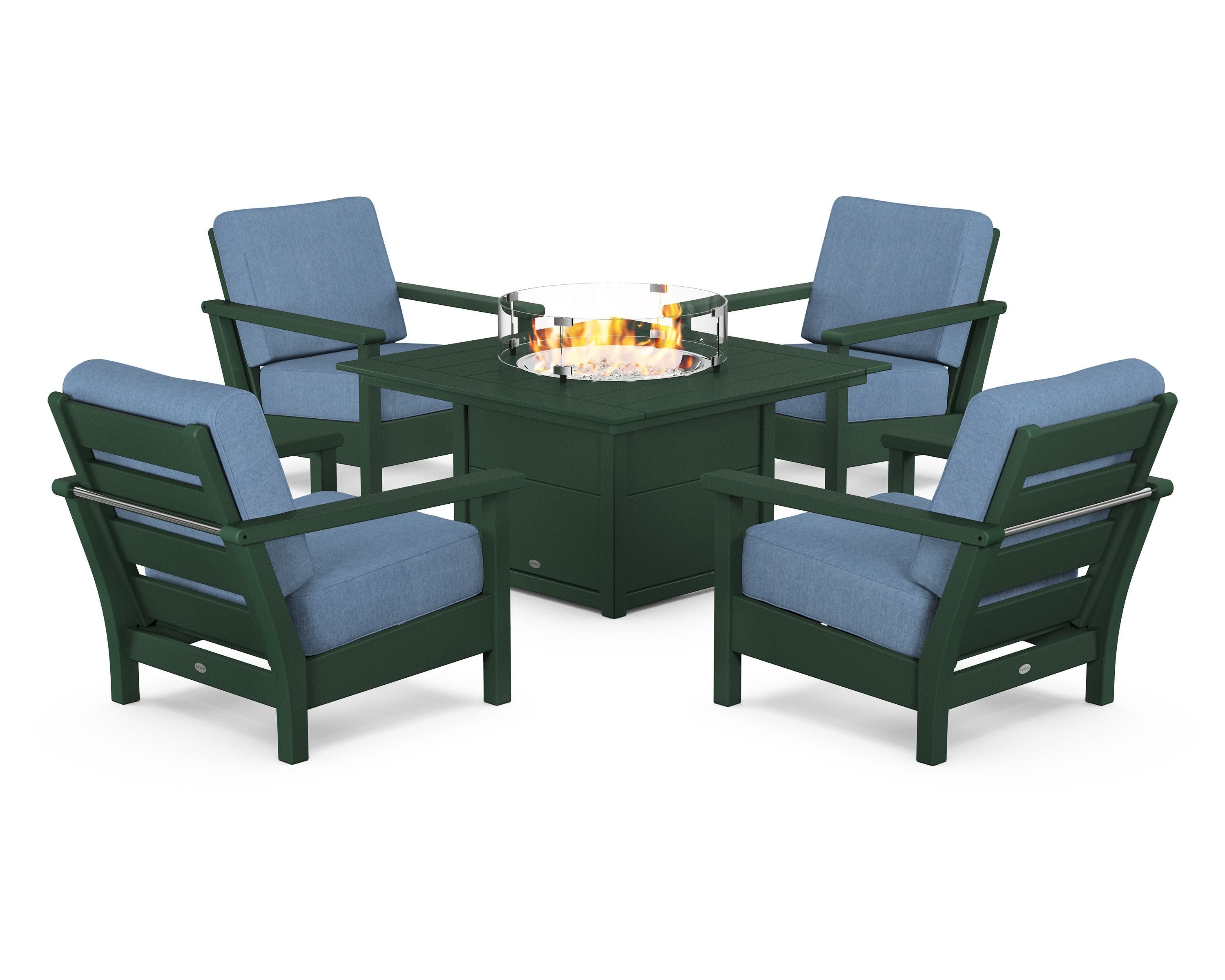Harbour 5-Piece Conversation Set with Fire Pit Table in Green / Sky Blue