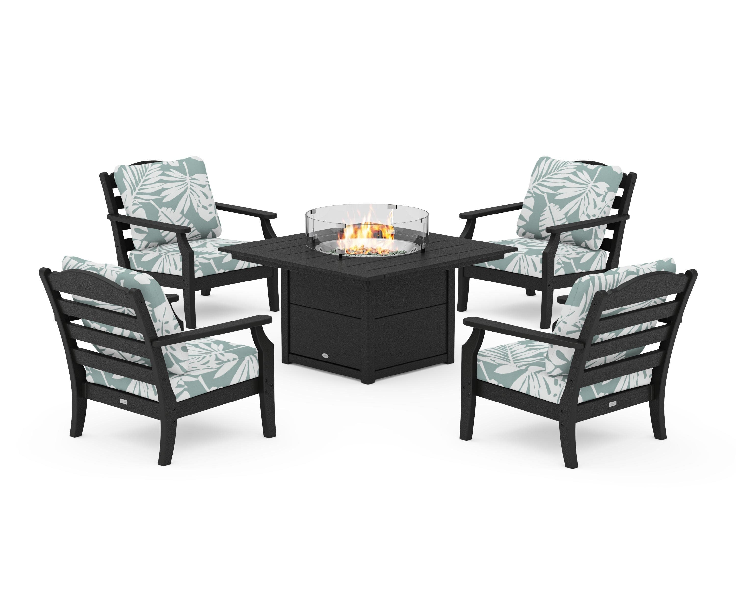Savannah 5-Piece Deep Seating Set with Fire Pit Table in Black / Leaf Glacier Spa
