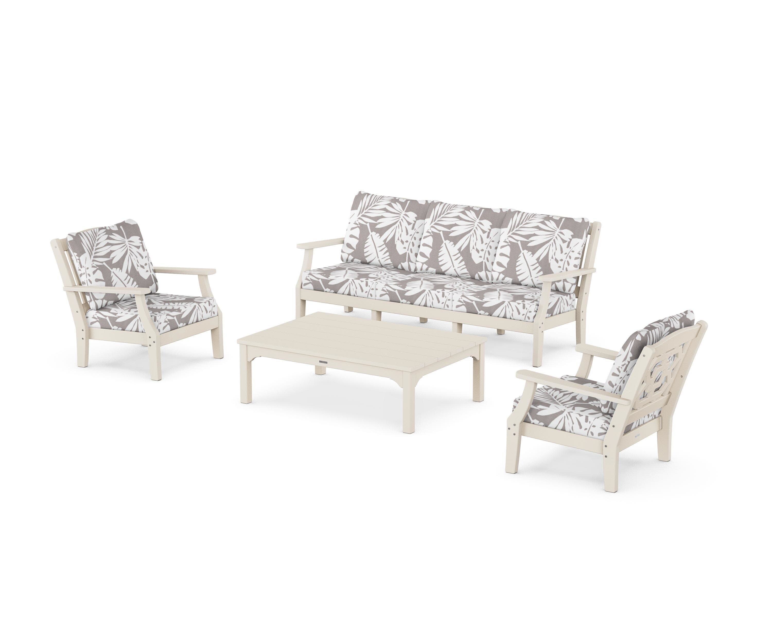 Chinoiserie 4-Piece Deep Seating Set with Sofa in Sand / Leaf Grey Mist