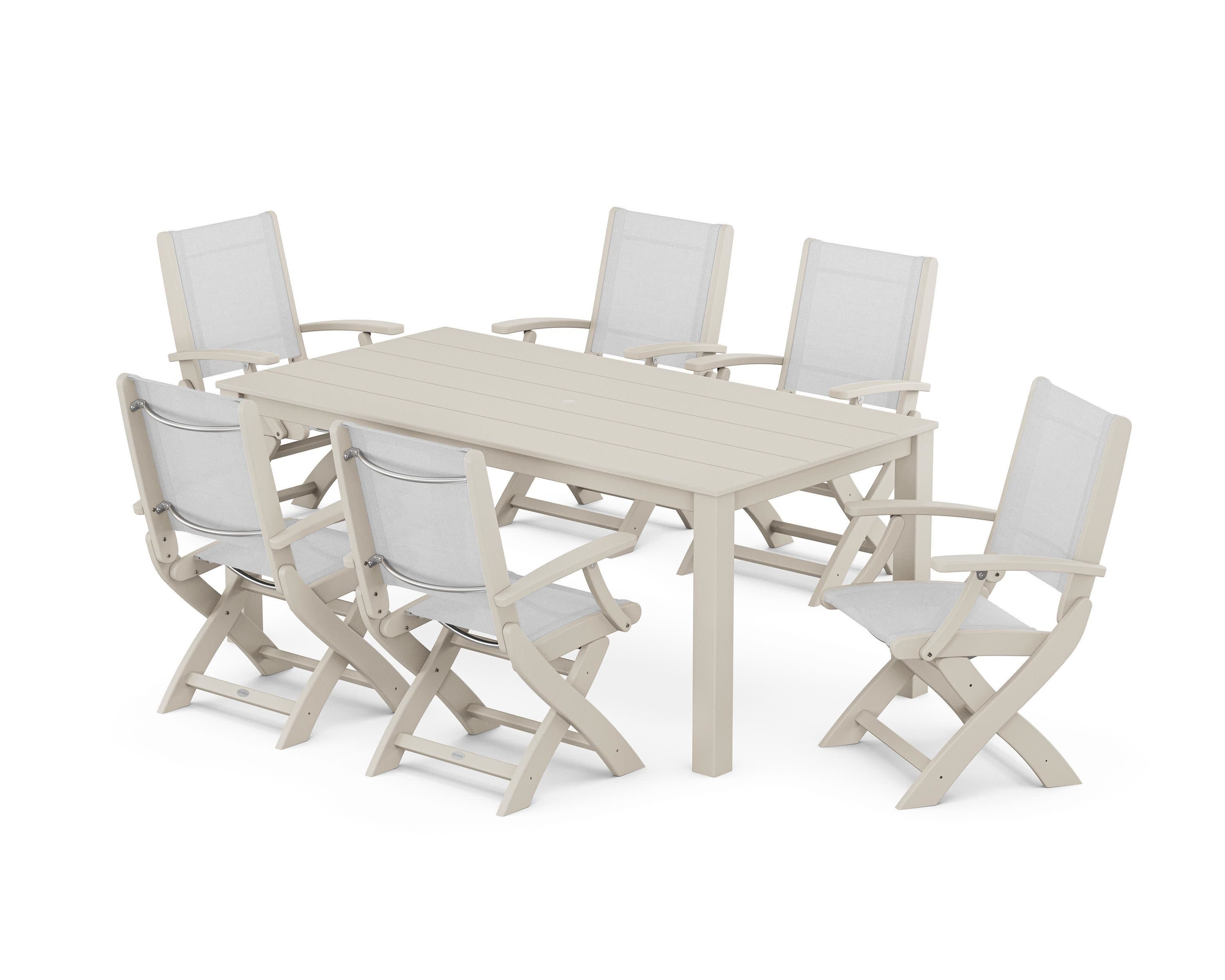 Coastal Folding Chair 7-Piece Parsons Dining Set in Sand / White Sling
