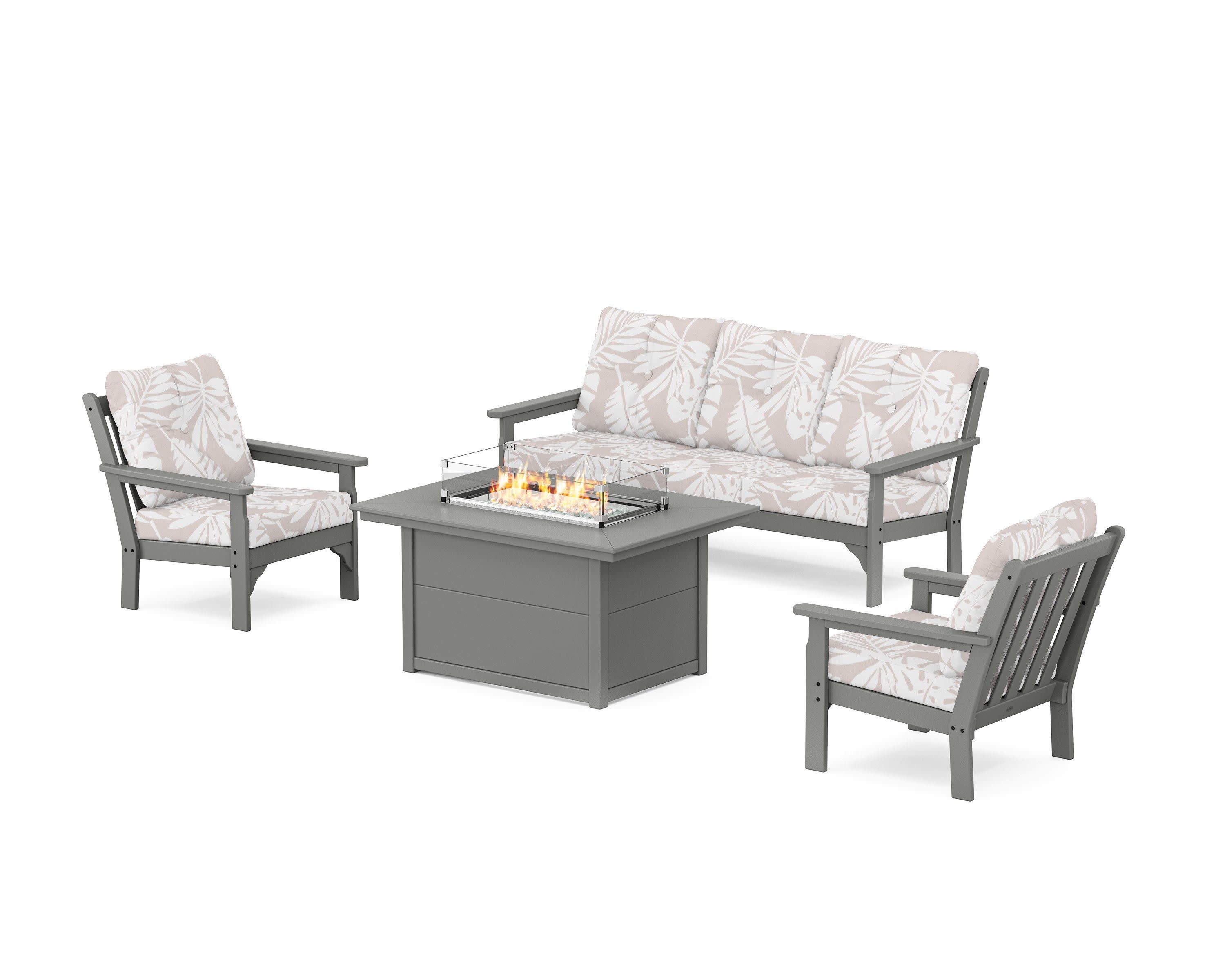 Vineyard Deep Seating Fire Pit Table Set in Slate Grey / Leaf Dune Burlap