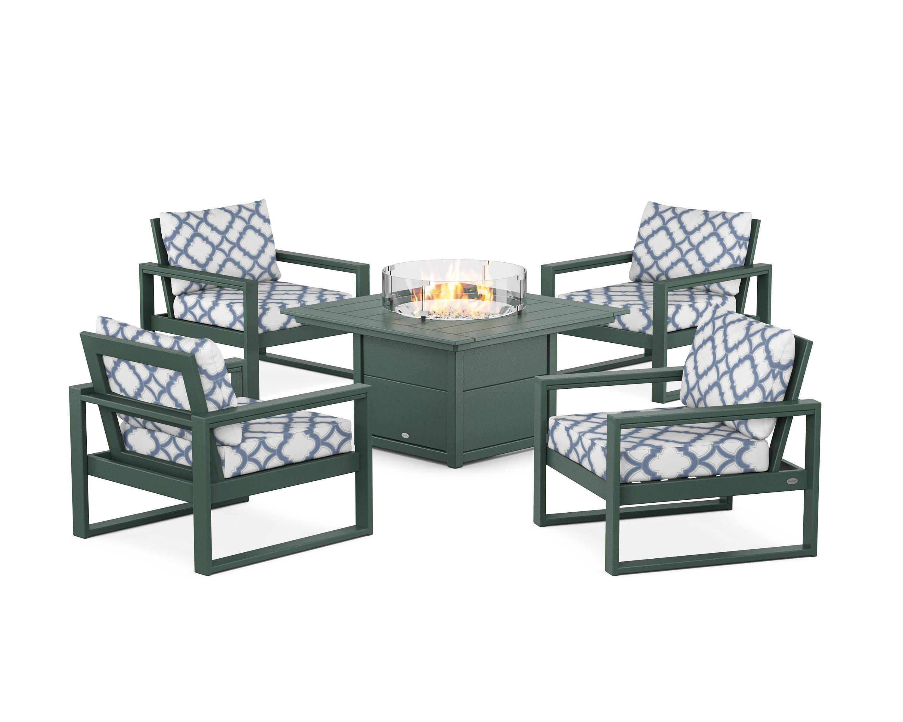 EDGE Sectional 5-Piece Deep Seating Set with Fire Pit Table in Green / Trellis Sky Blue