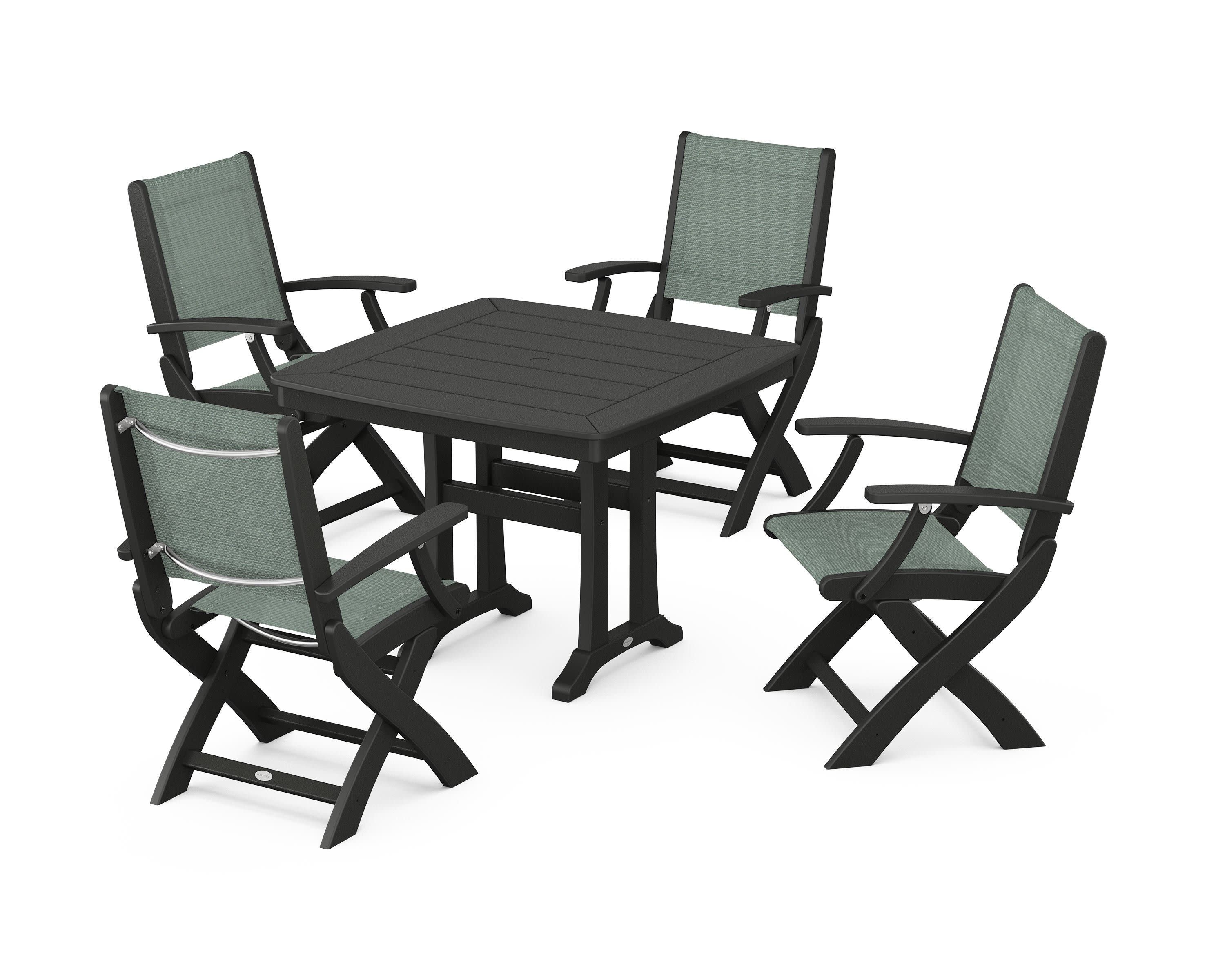 Coastal Folding Chair 5-Piece Dining Set with Trestle Legs in Black / Dupioni Sea Mist Sling