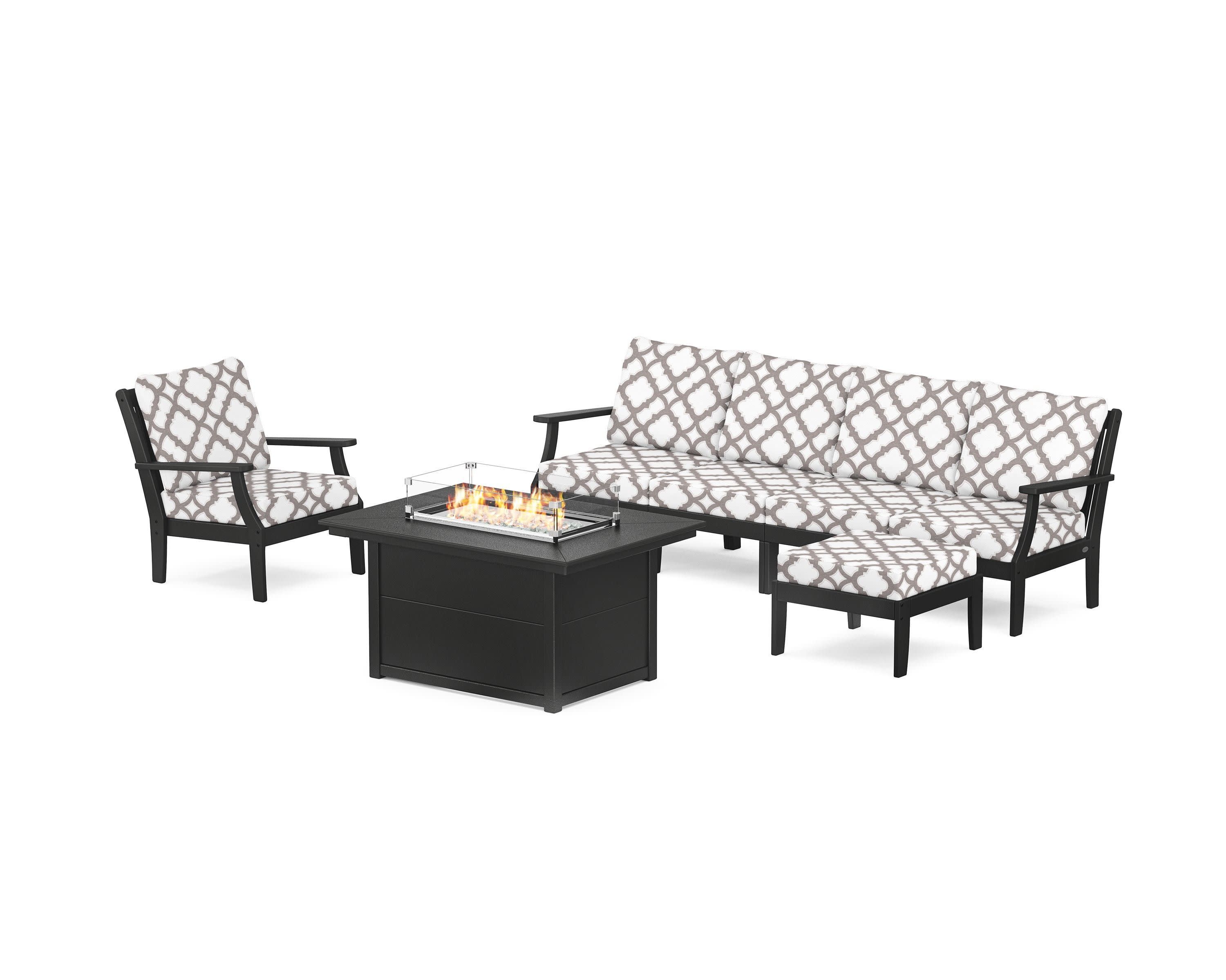 Braxton Sectional Lounge and Fire Pit Set in Black / Trellis Grey Mist