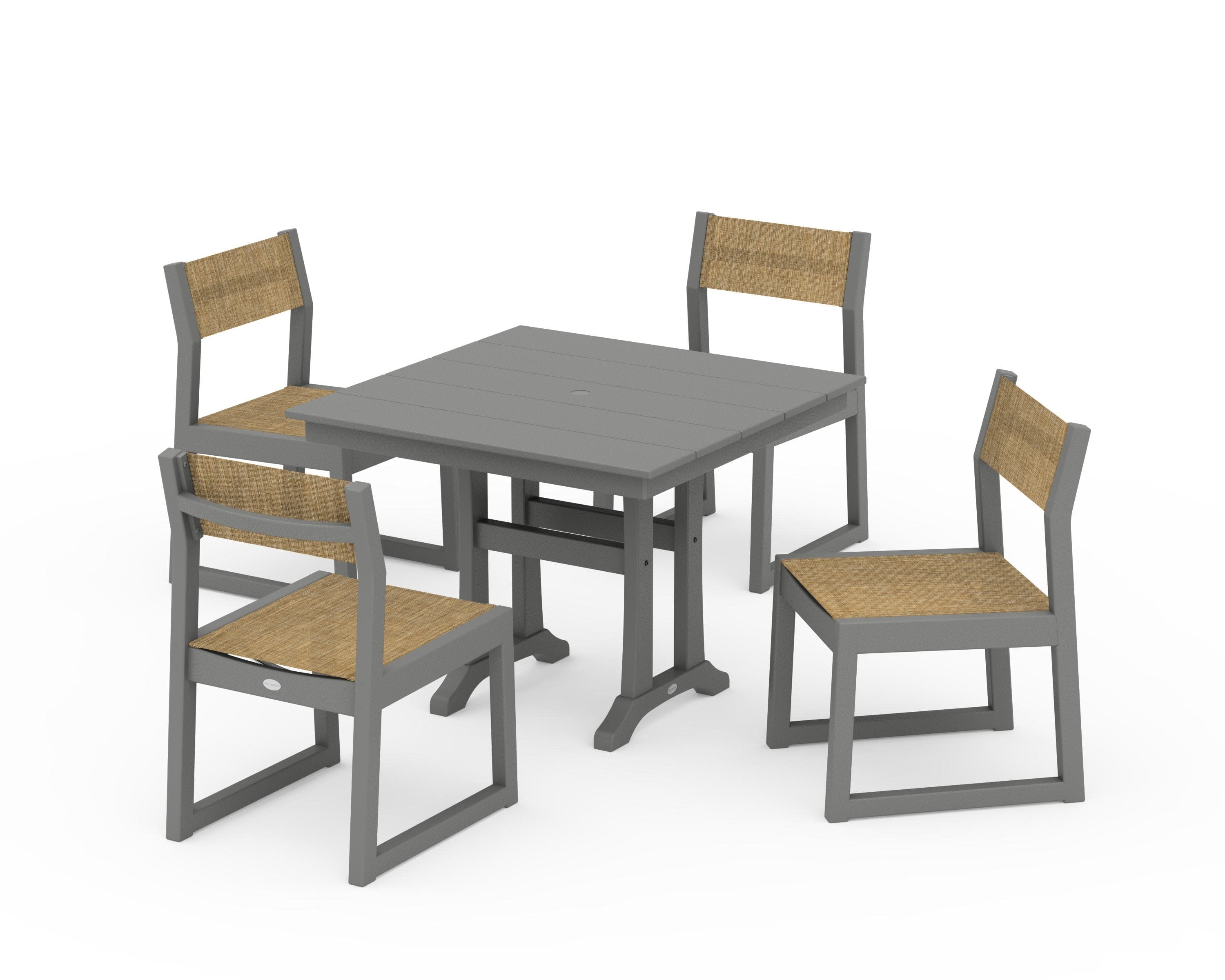 EDGE Sling 5-Piece Farmhouse Trestle Side Chair Dining Set in Slate Grey / Burlap Sling