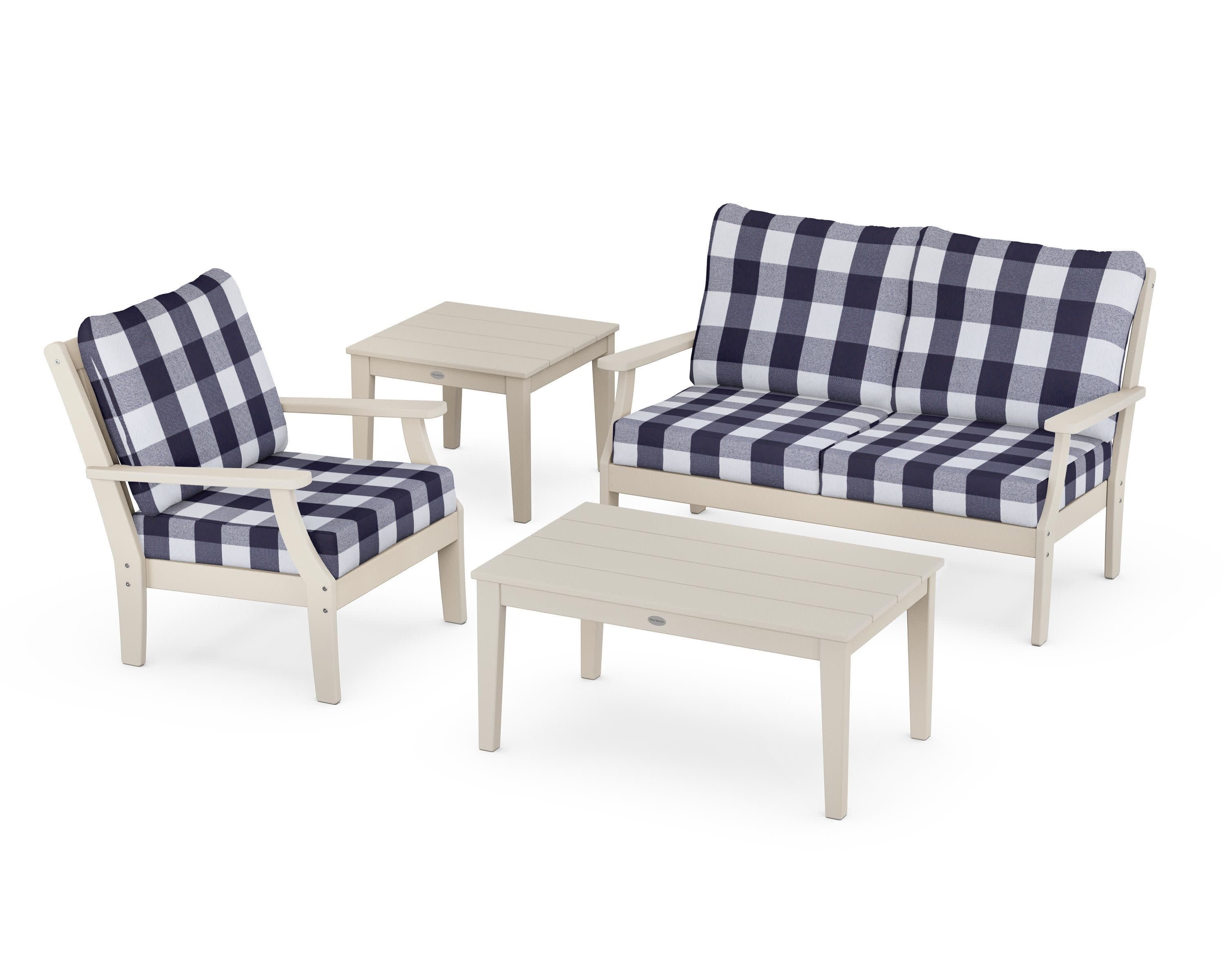 Braxton 4-Piece Deep Seating Set in Sand / Buffalo Plaid Navy