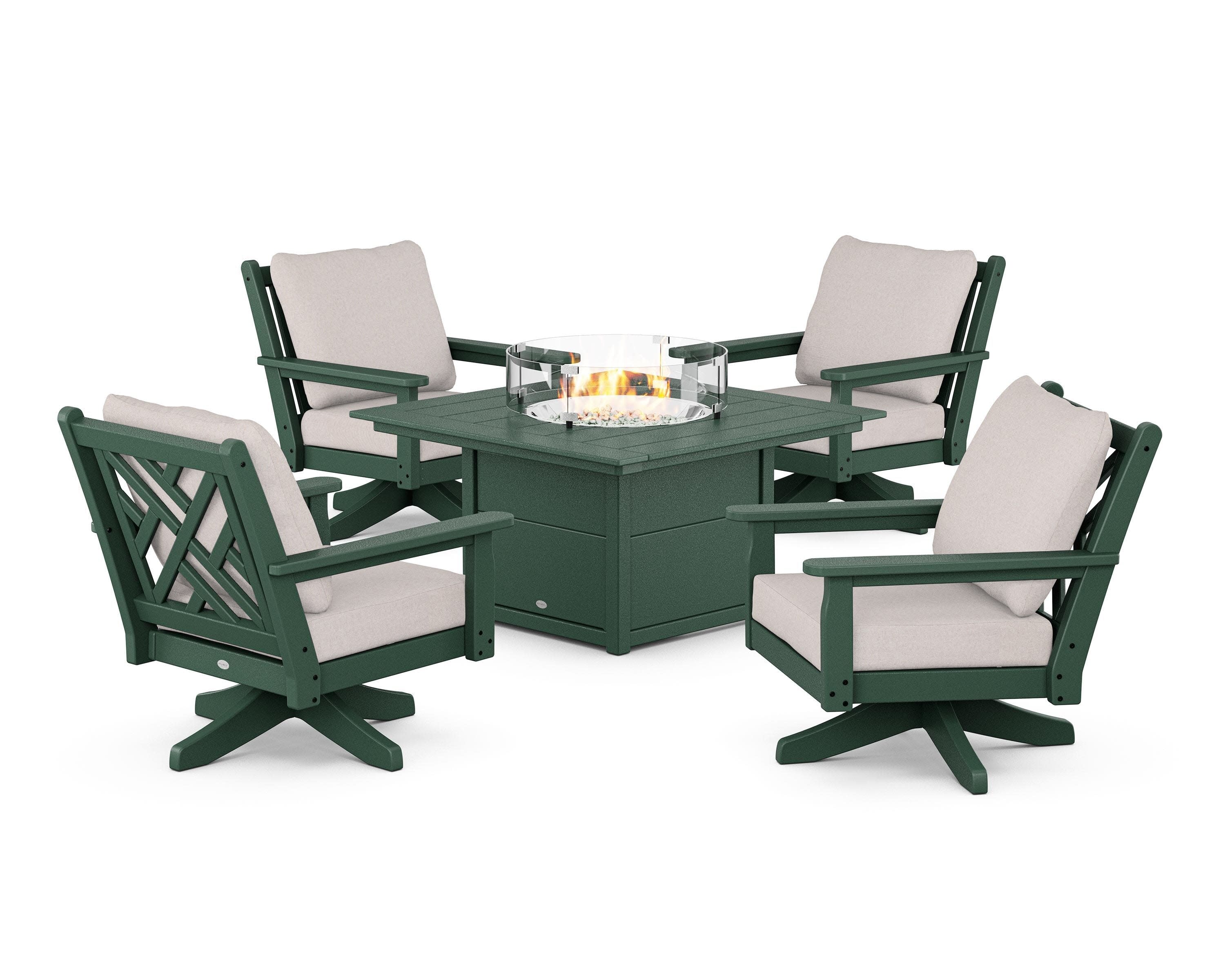 Chippendale 5-Piece Deep Seating Swivel Conversation Set with Fire Pit Table in Green / Dune Burlap
