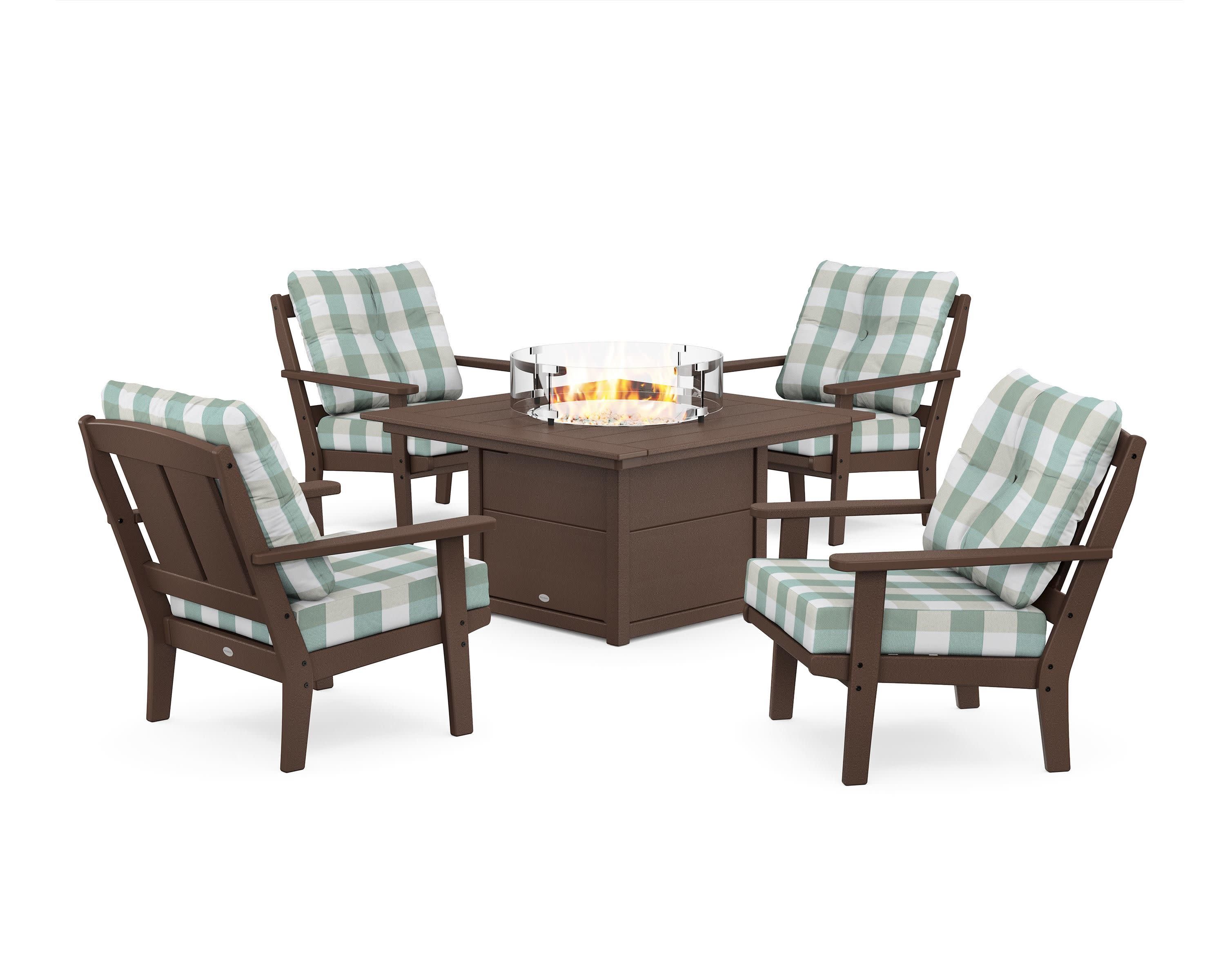 Mission 5-Piece Deep Seating Set with Fire Pit Table in Mahogany / Buffalo Plaid Glacier Spa