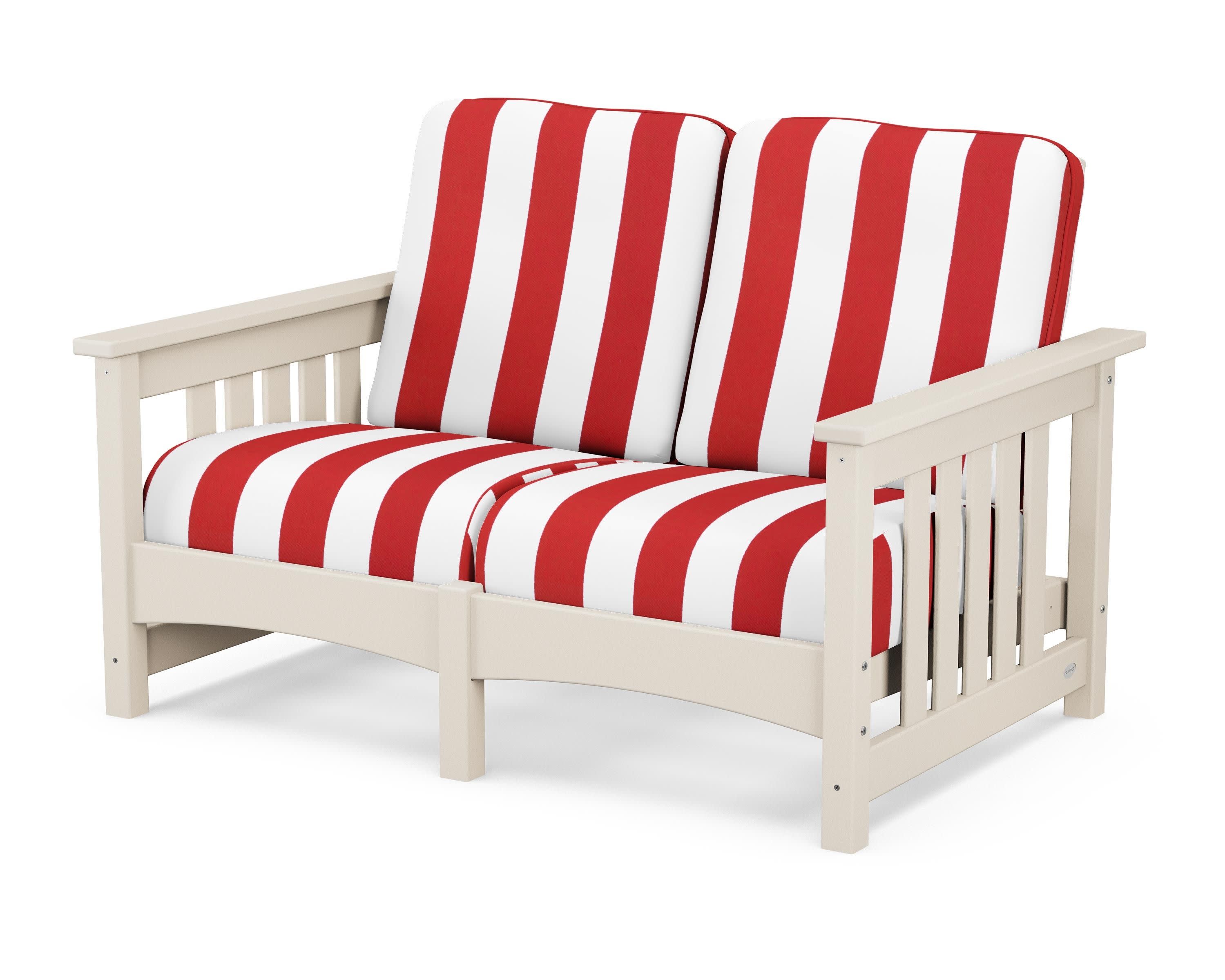 Club Mission Loveseat in Sand / Cabana Stripe Crimson